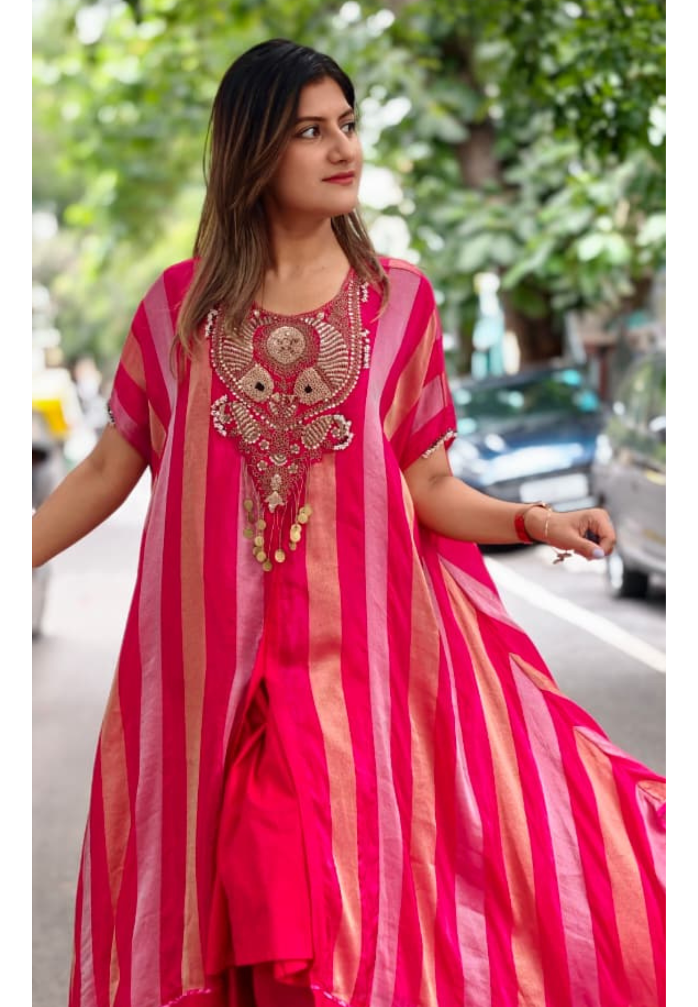 Zardozi Dabka Embroidery 3D textured Yoke Stripe Elegance Oversized Kaftan Style Outer With Separate Inner & Matching Bottom- 16013