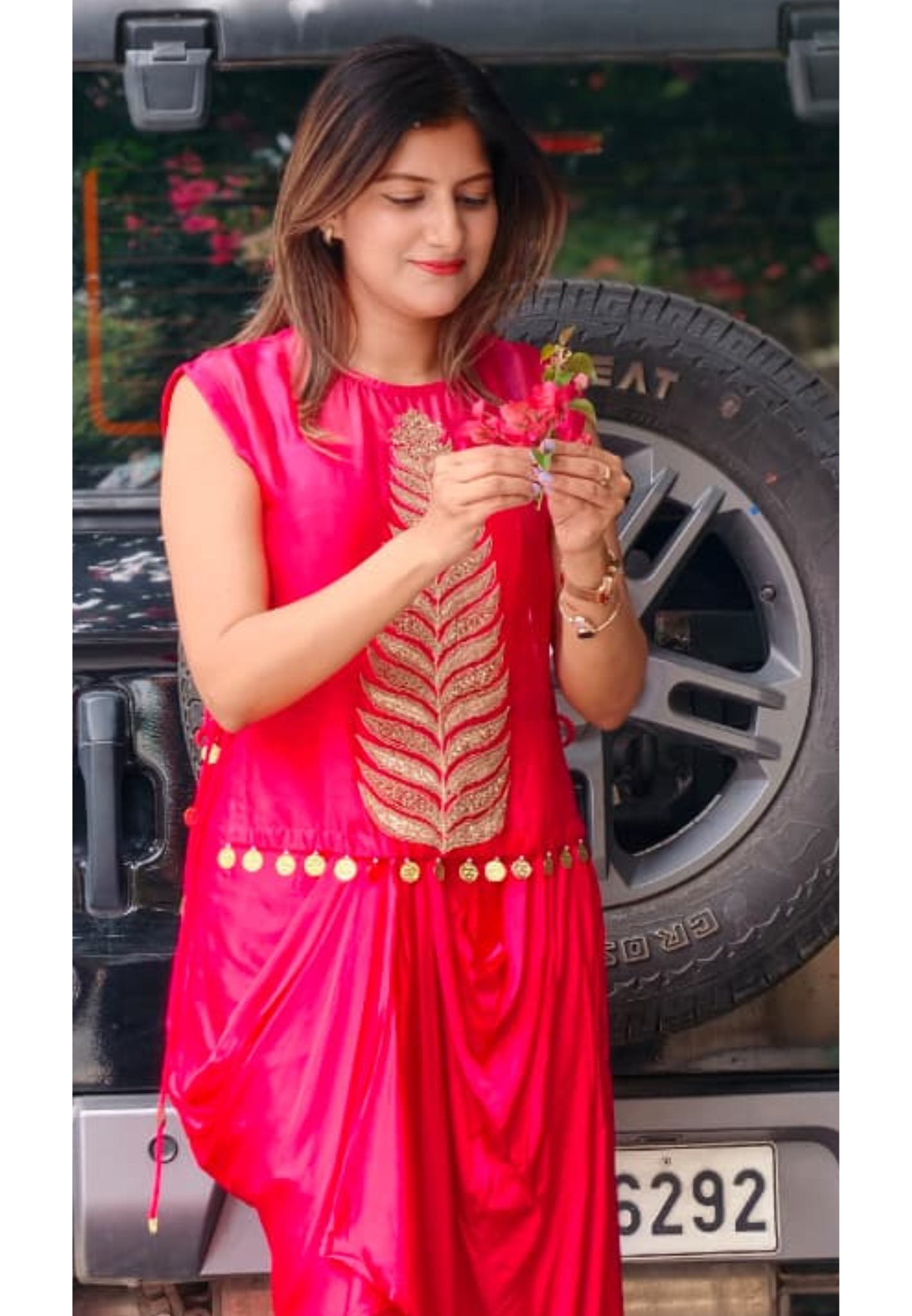 Fine Metallic Leaf Patterns Embroidery Coin Latkan Ombre Dye Indo-Wear Top With Matching Drape Skirt- 16011