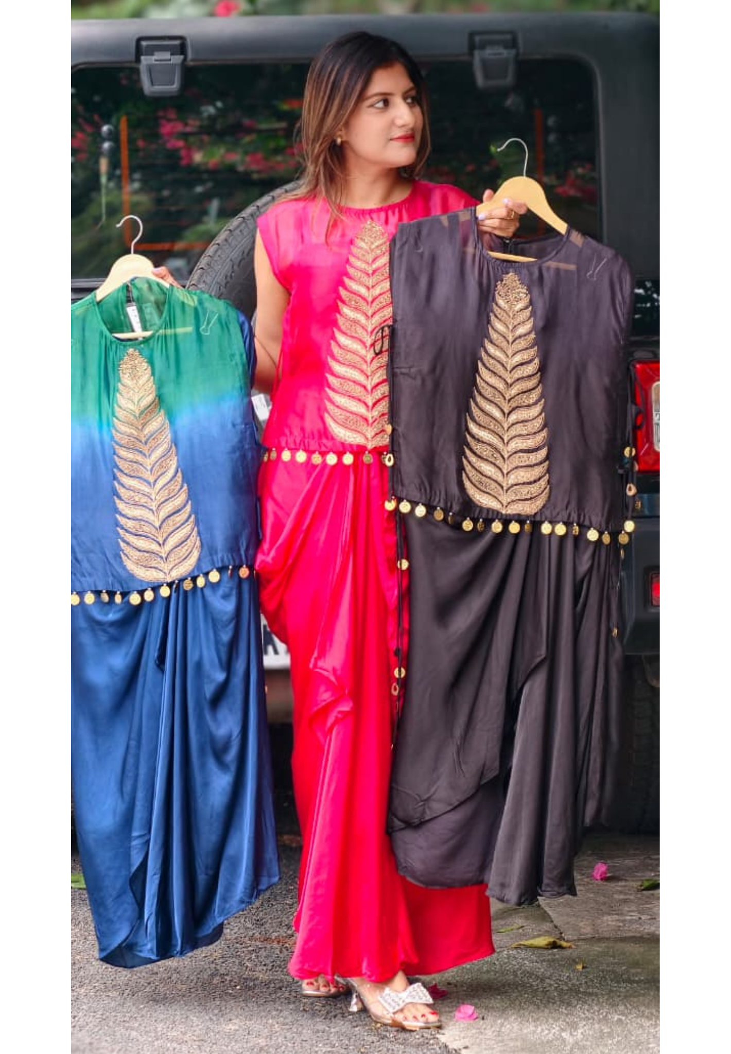 Fine Metallic Leaf Patterns Embroidery Coin Latkan Ombre Dye Indo-Wear Top With Matching Drape Skirt- 16011
