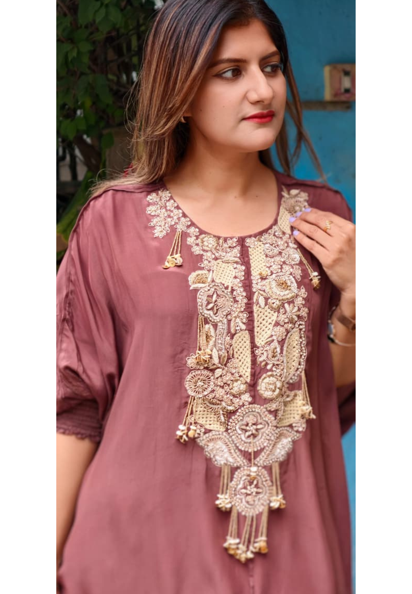 Traditional Indian Handwork Over Yoke Rich Tassel Accent Solid Tone Indo-Wear Top With Dhoti Style Bottom- 16014