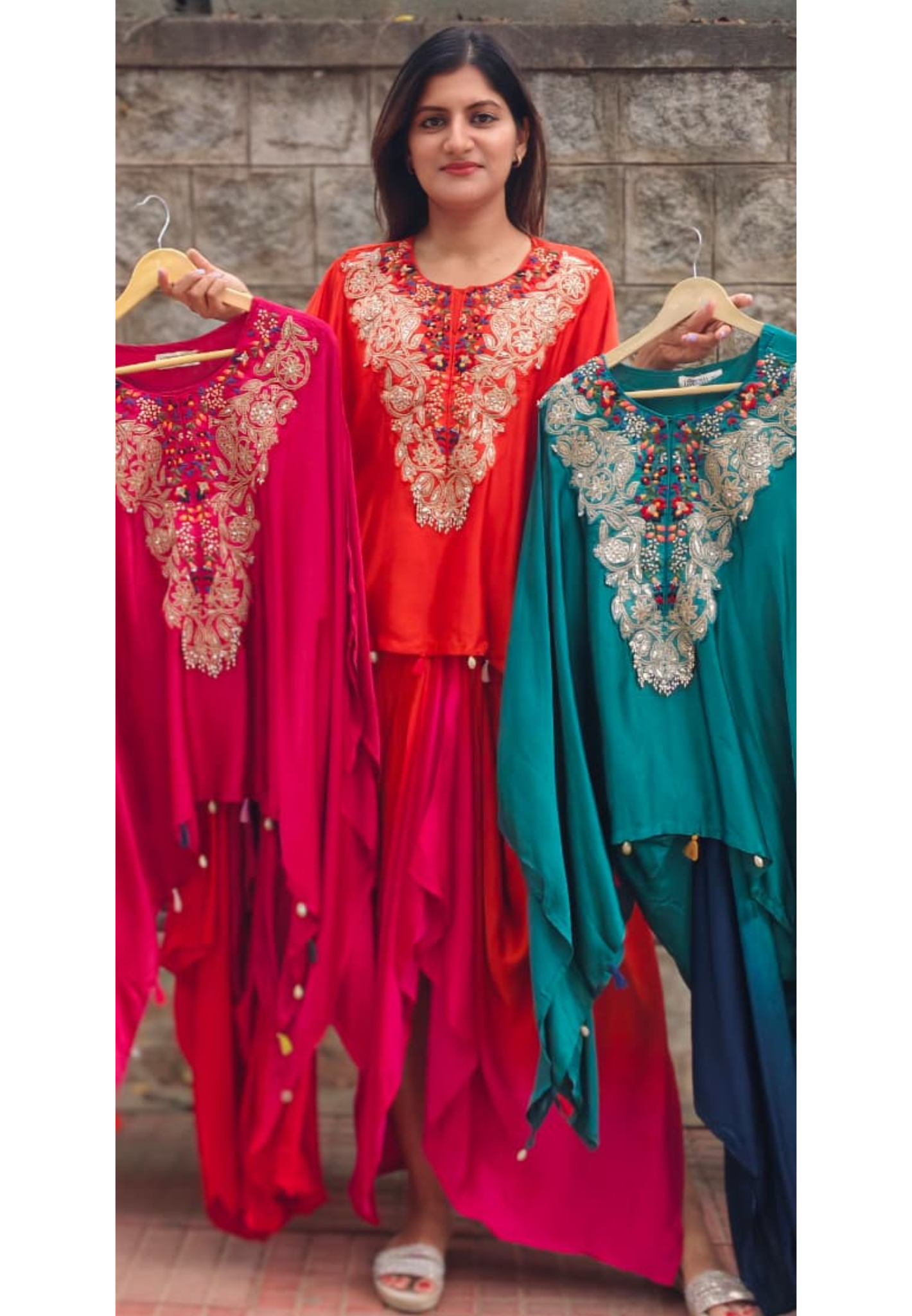 Multicolor Marodi Embroidery Work Yoke High-Low Tassel Accent Flowy Indo-Wear Drape Skirt- 16017