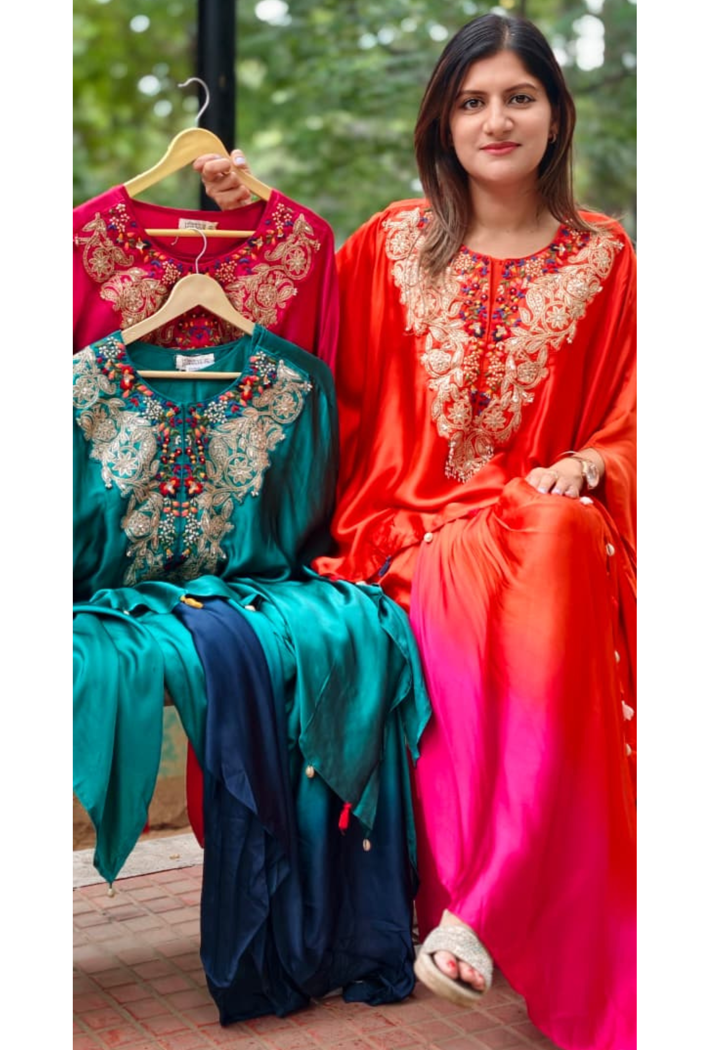 Multicolor Marodi Embroidery Work Yoke High-Low Tassel Accent Flowy Indo-Wear Drape Skirt- 16017