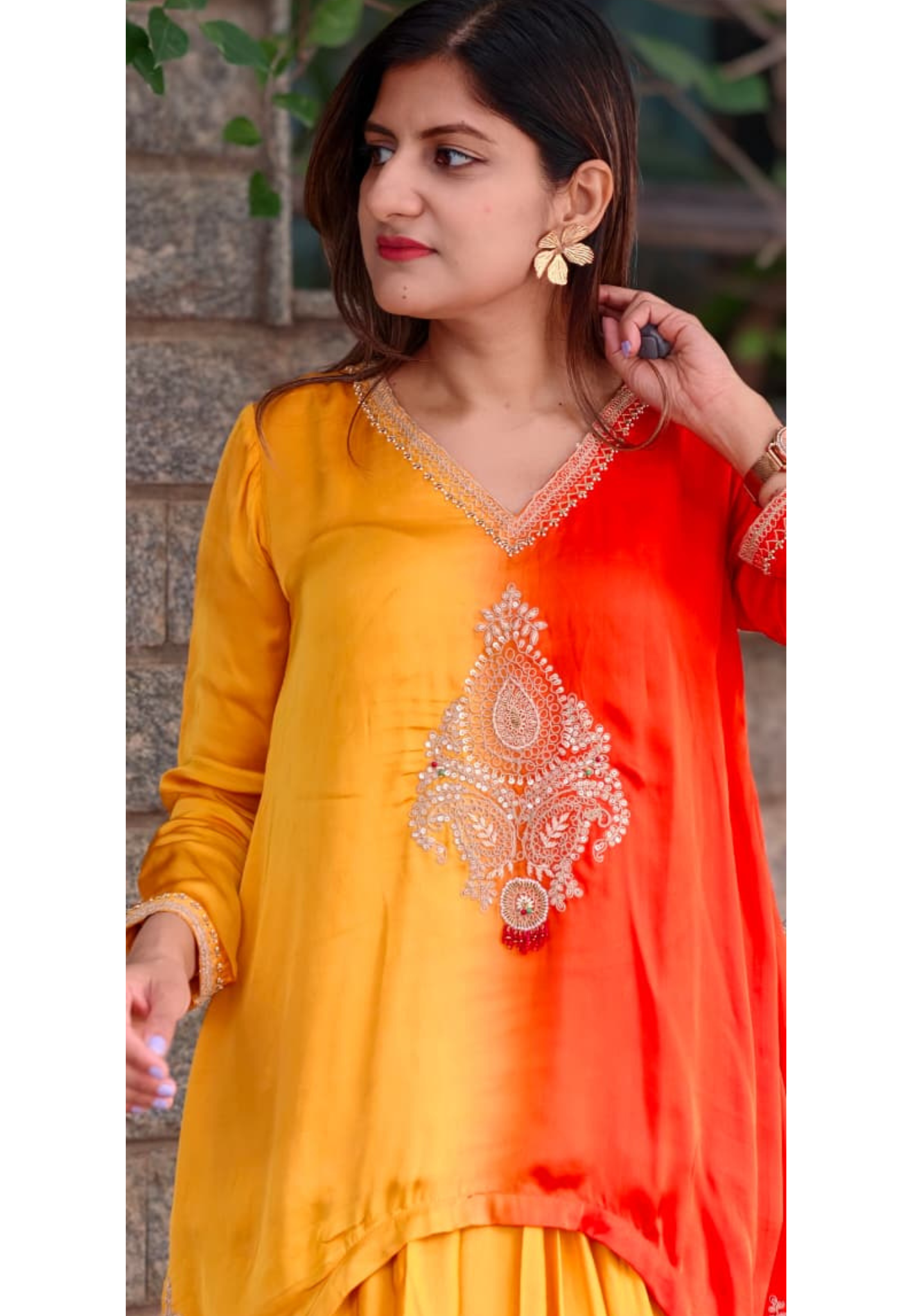 Fine Intricate Mango Buti Inspired Embroidery U-Cut High-Low Indo-Wear Ombre Top With Matching Solid Drape Matching Bottom- 16012