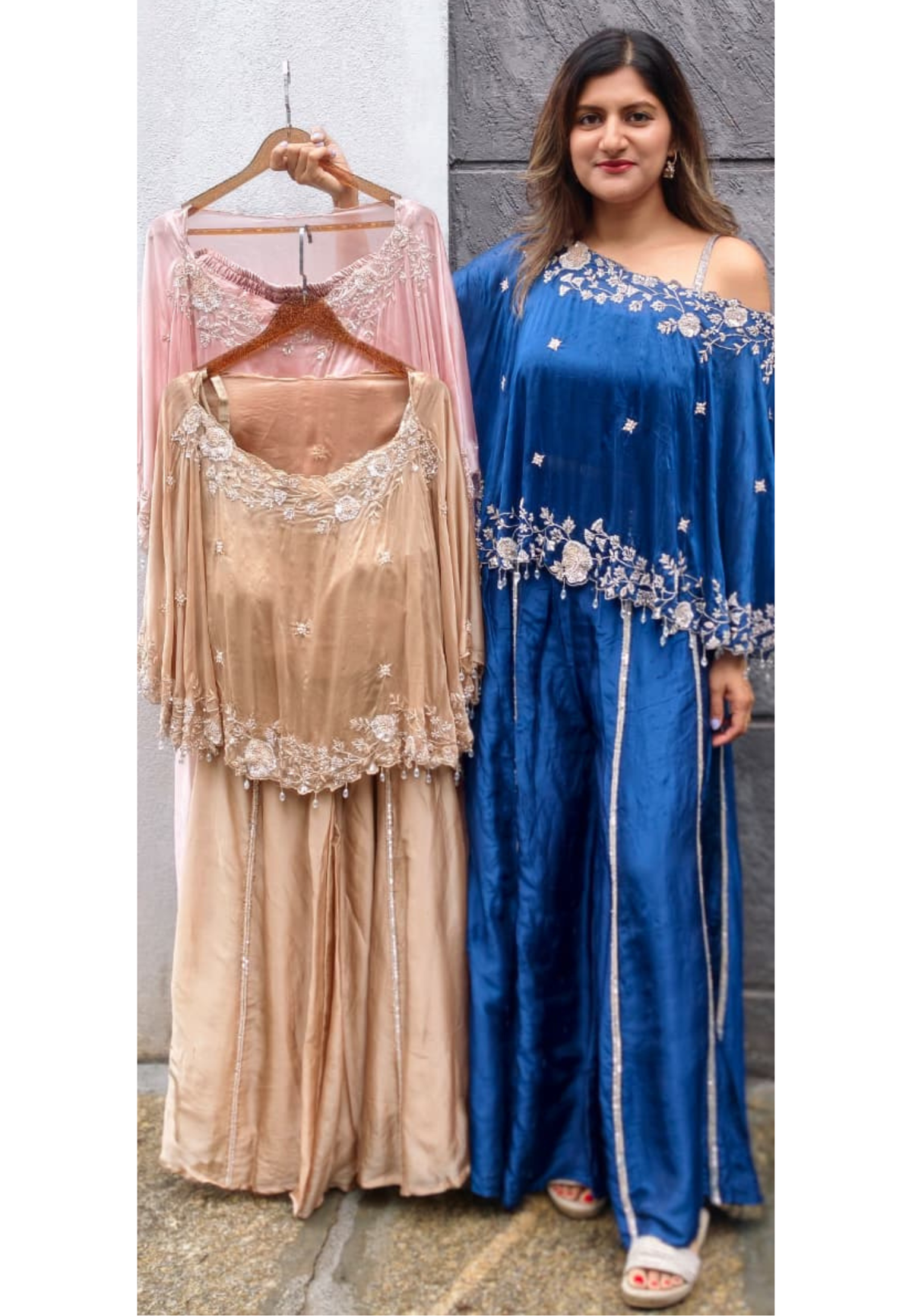 Premium Floral Hand Embroidery Crystal Tassel Accent One-Side Off Soulder Flowy Cape With Buster & Palazzo Bottom- 15976