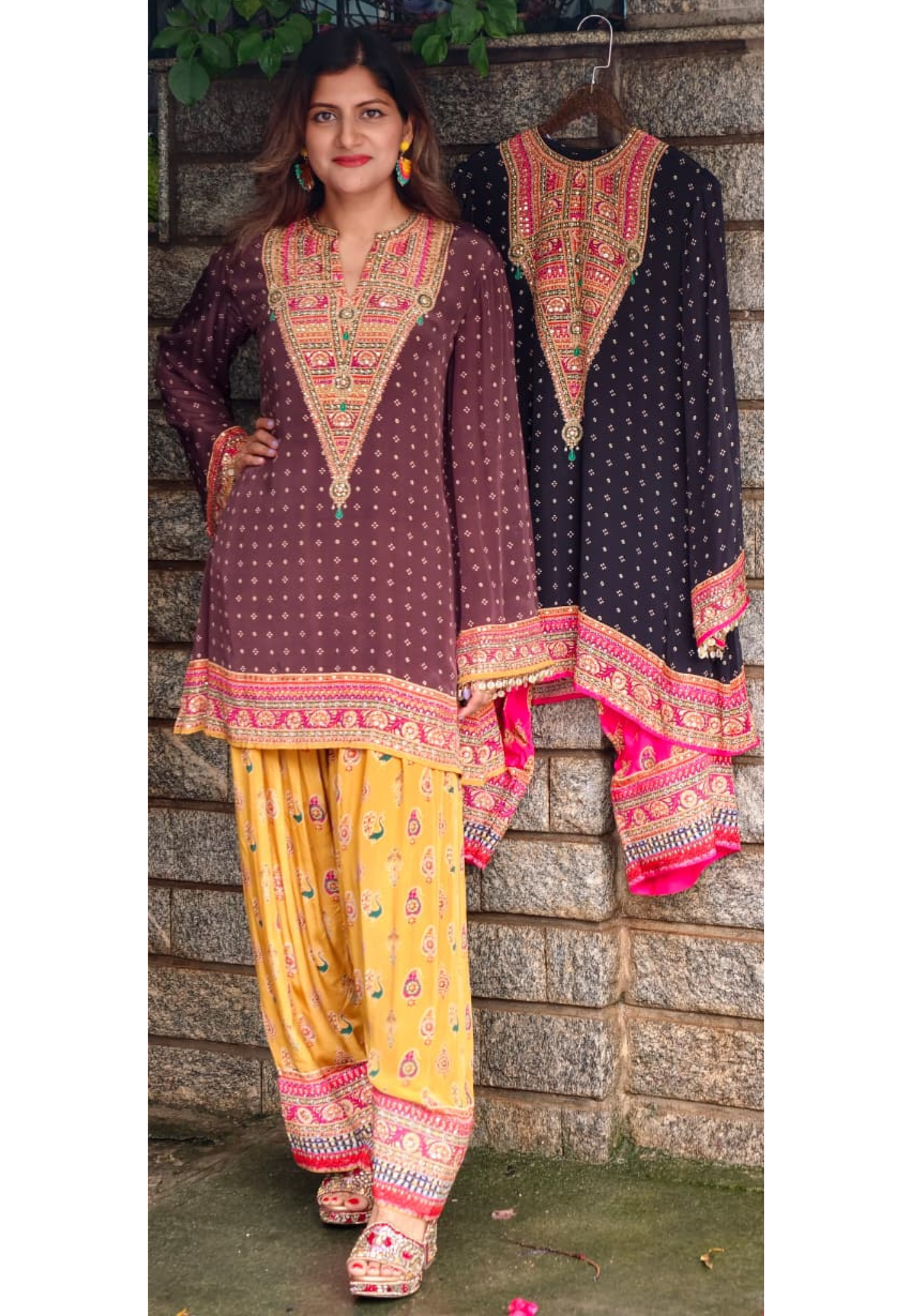 Rajasthani Touch Multicolor Prints Sequin Detailing Short Length Kurta With Farshi Salwar Set- 15685
