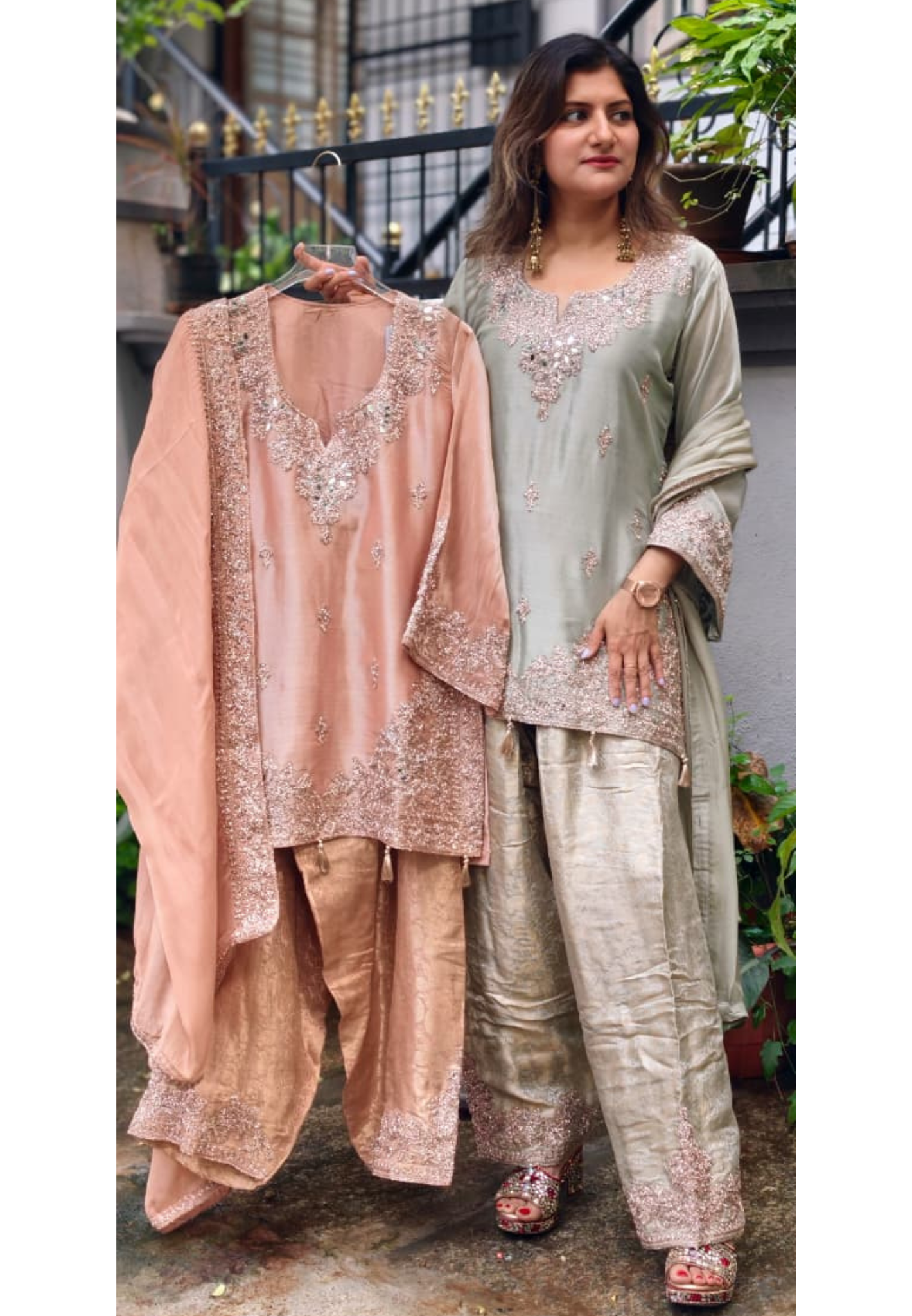 Real Mirror Fine Shimmer Intricate Embroidery Latkan Accent Kurta With Farshi Salwar & Dupatta- 16020