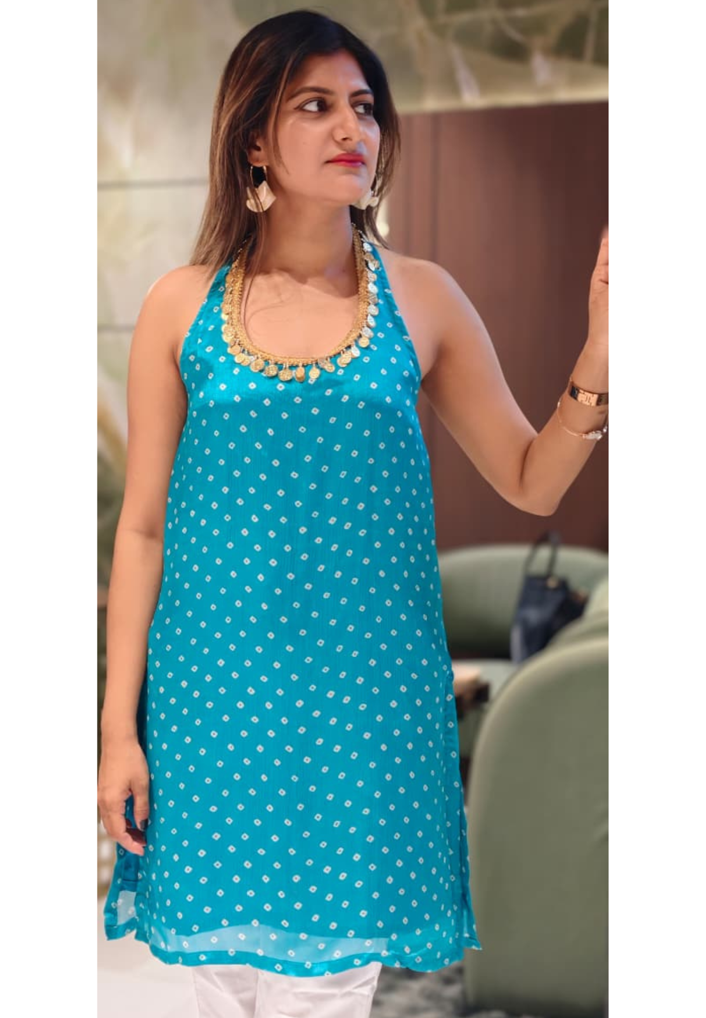 Sleeveless Vibrant Bandhani Print Kurti With Gold Coin Embellishment- 15933