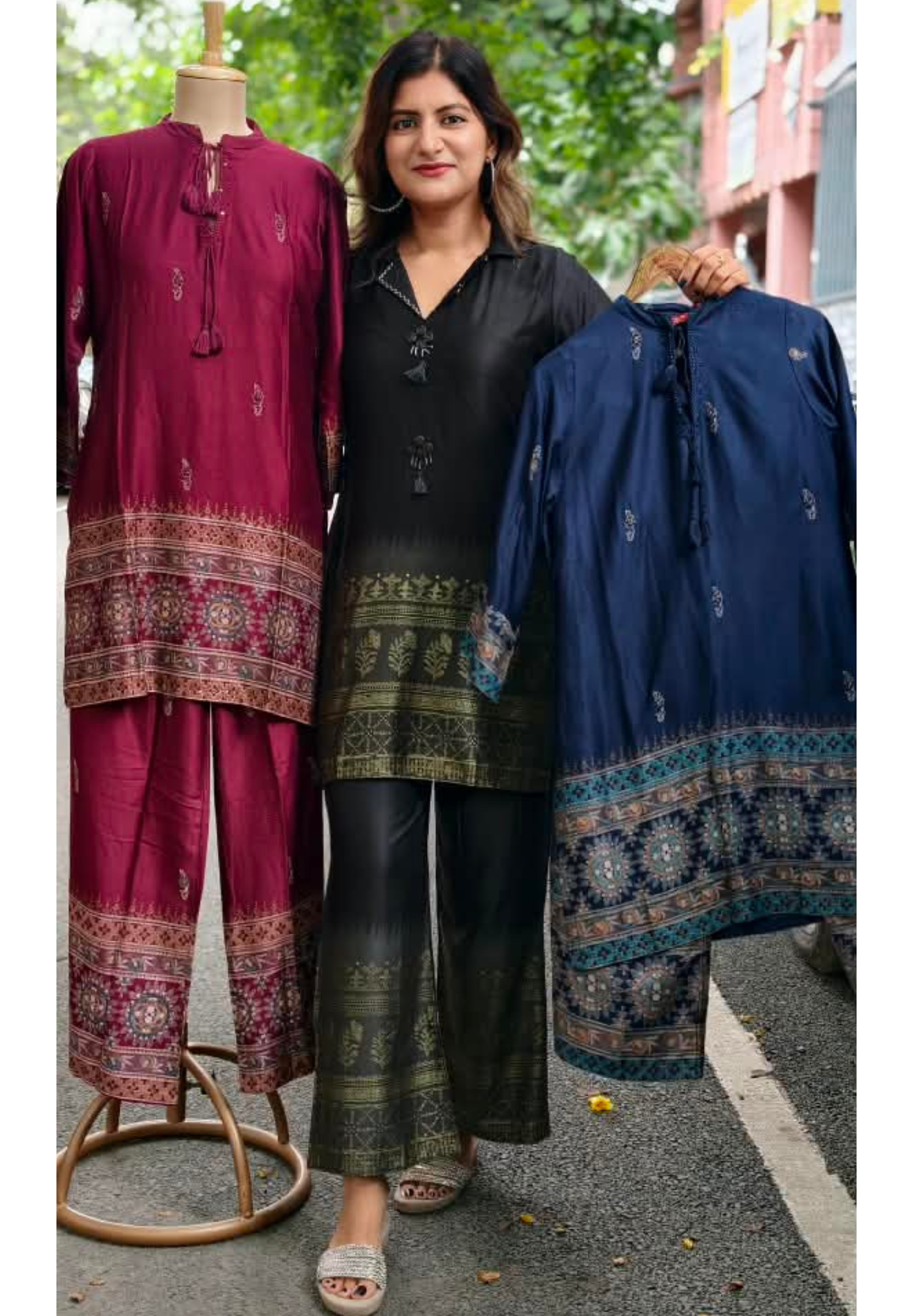 Traditional Ajrakh Prints Tassel Accented Neckline Slub Cotton Co-Ord Set- 15963