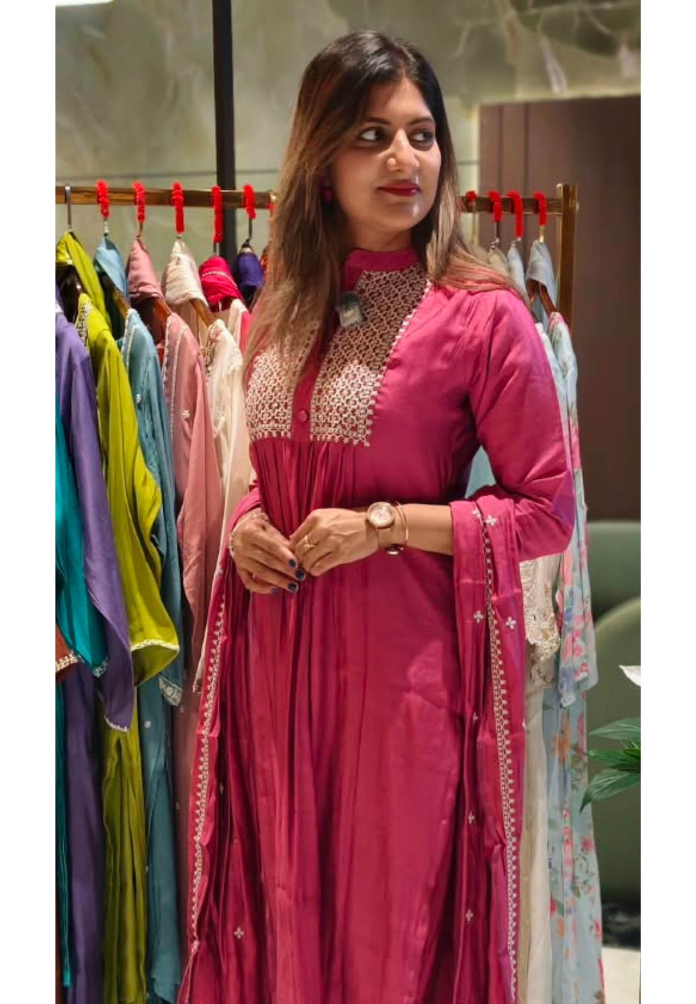 Premium Surat Mul-Chanderi Embroidered Yoke A-Line Full Suit Set with Dupatta- 15925