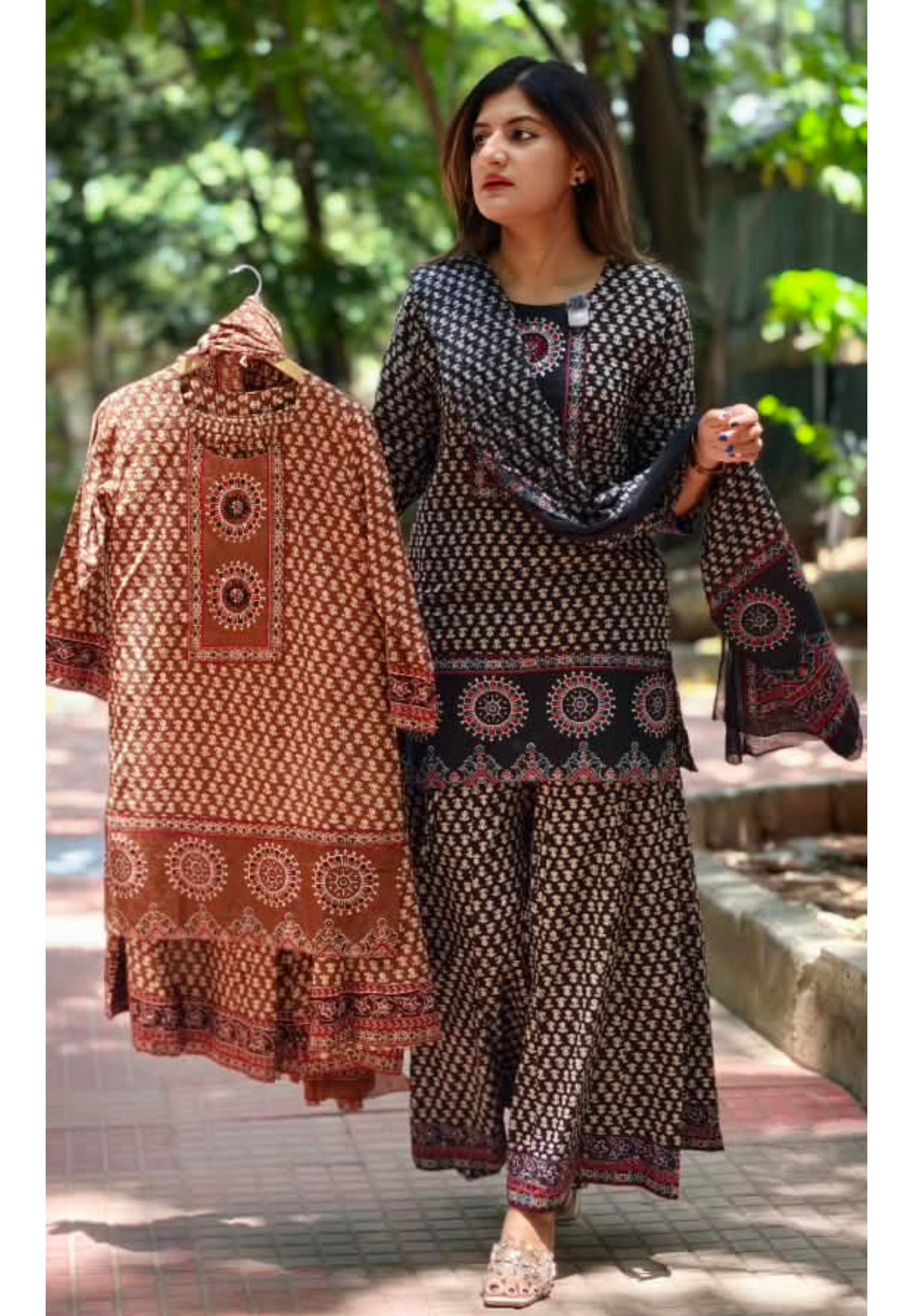 Traditional Block Prints Pure Cotton Short Length Kurta Style Full Suit Set With Dupatta & Loose Palazzo Bottom- 15931(Lean Fit)