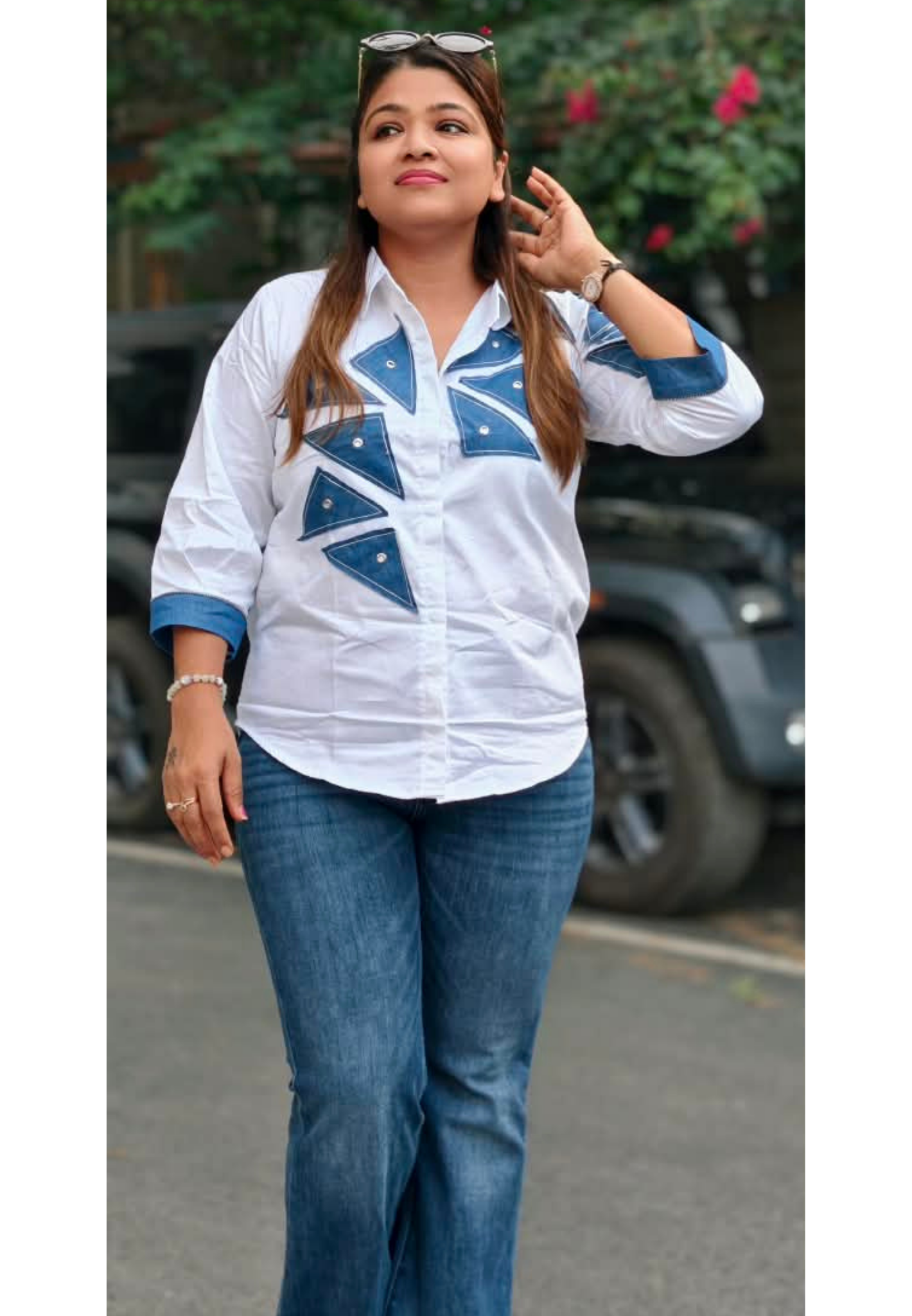 Crisp White Collared High-Low Tunic Top with Blue Denim Geometric Triangle Patchwork & Stud Accent Trim- 16120