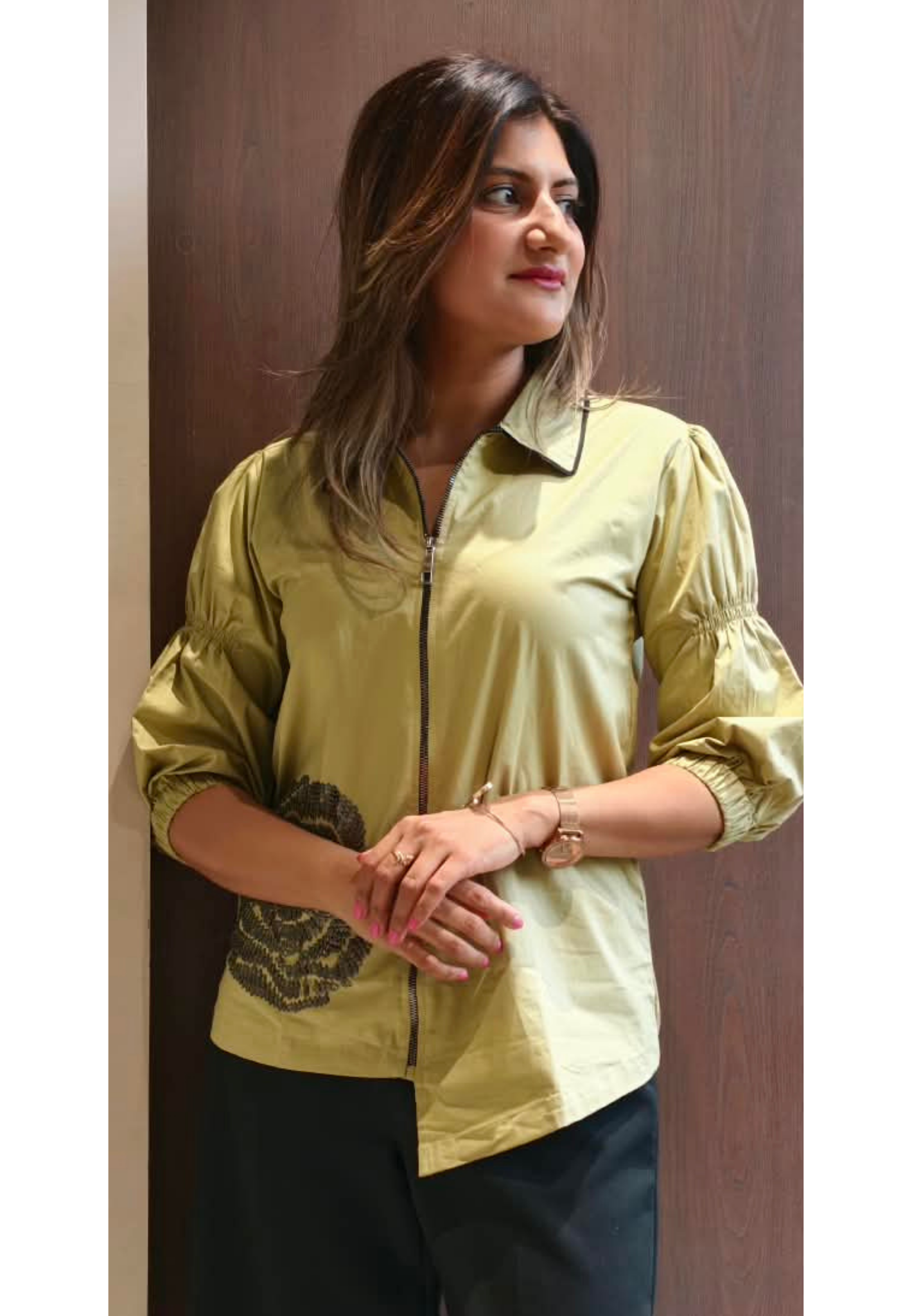 Stylish Full-Zip Collared Tunic Top with Contrast Black Piping Trim & Spiral Embroidered Hem- 16116