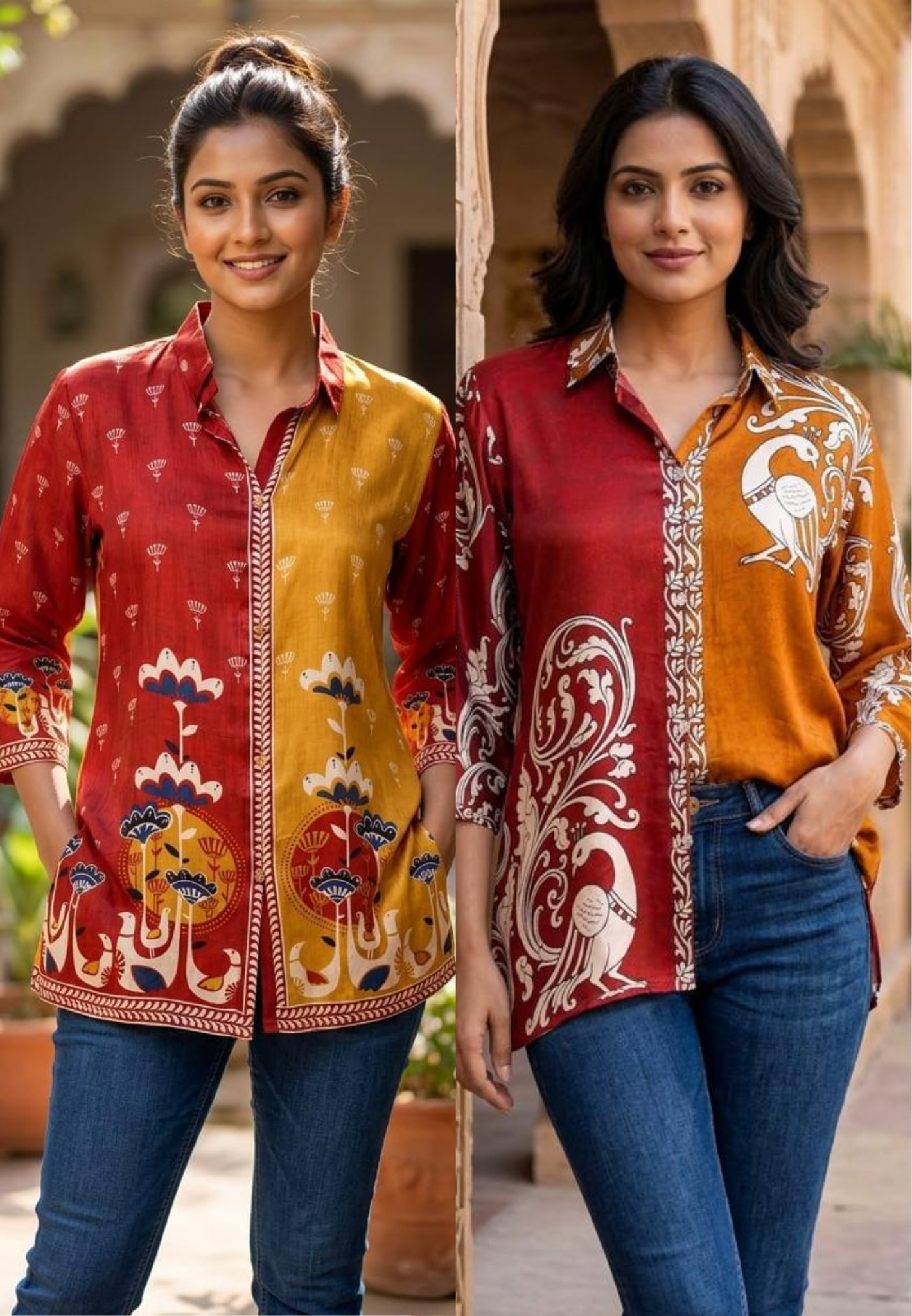 Artisnal Figure & Floral Prints Flowy Crepe Casual Shirts- 15789