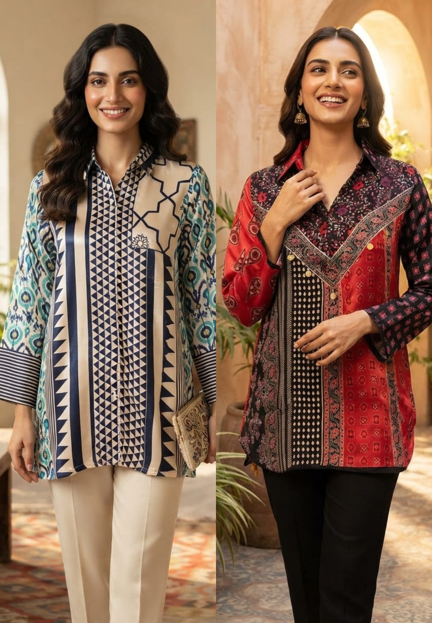Geometric Multicolor Prints Flowy Collared Crepe Shirt- 15634