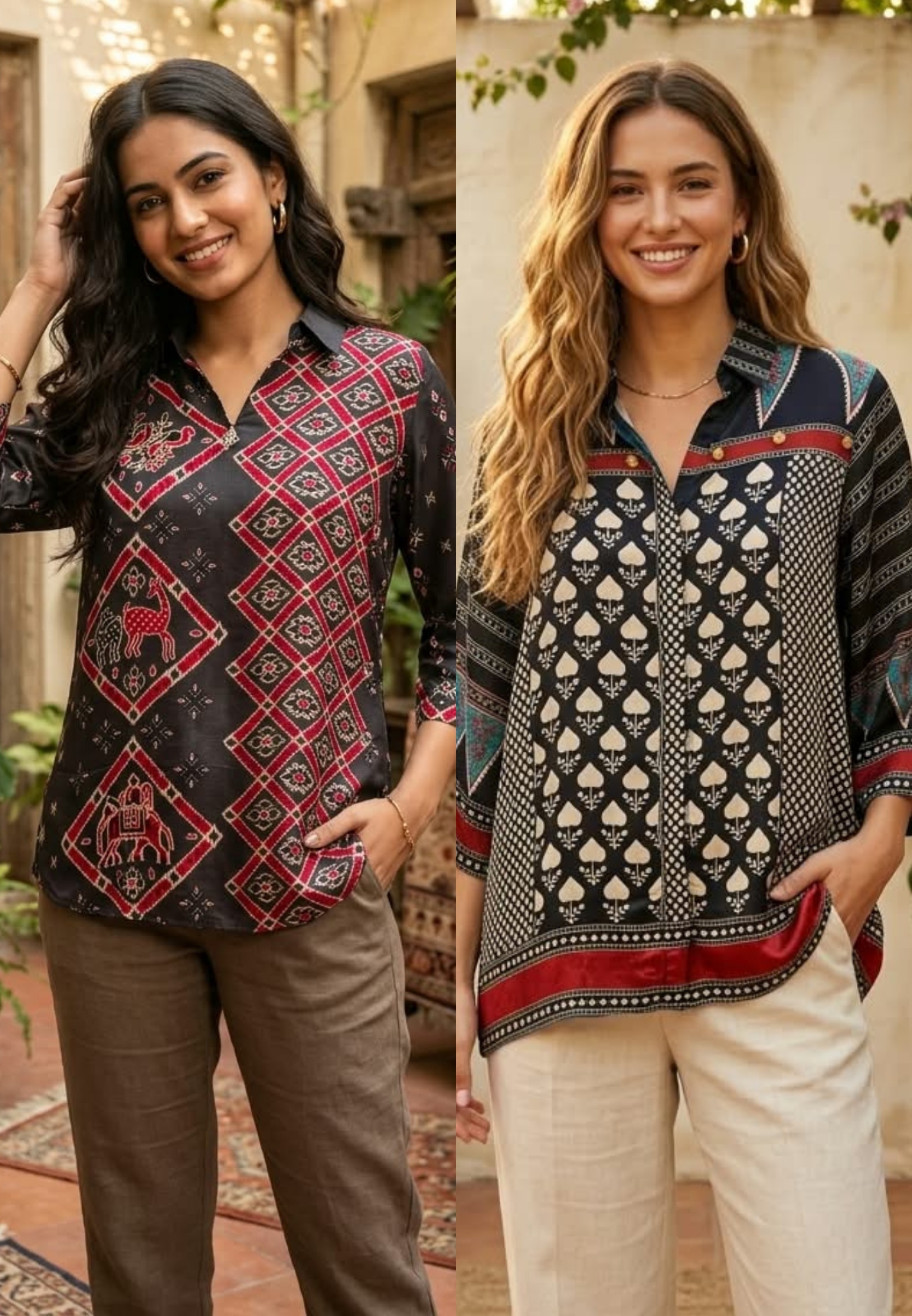 Asymmetrical Abstact Prints Bold Shade Crepe Shirt- 15434, 15634