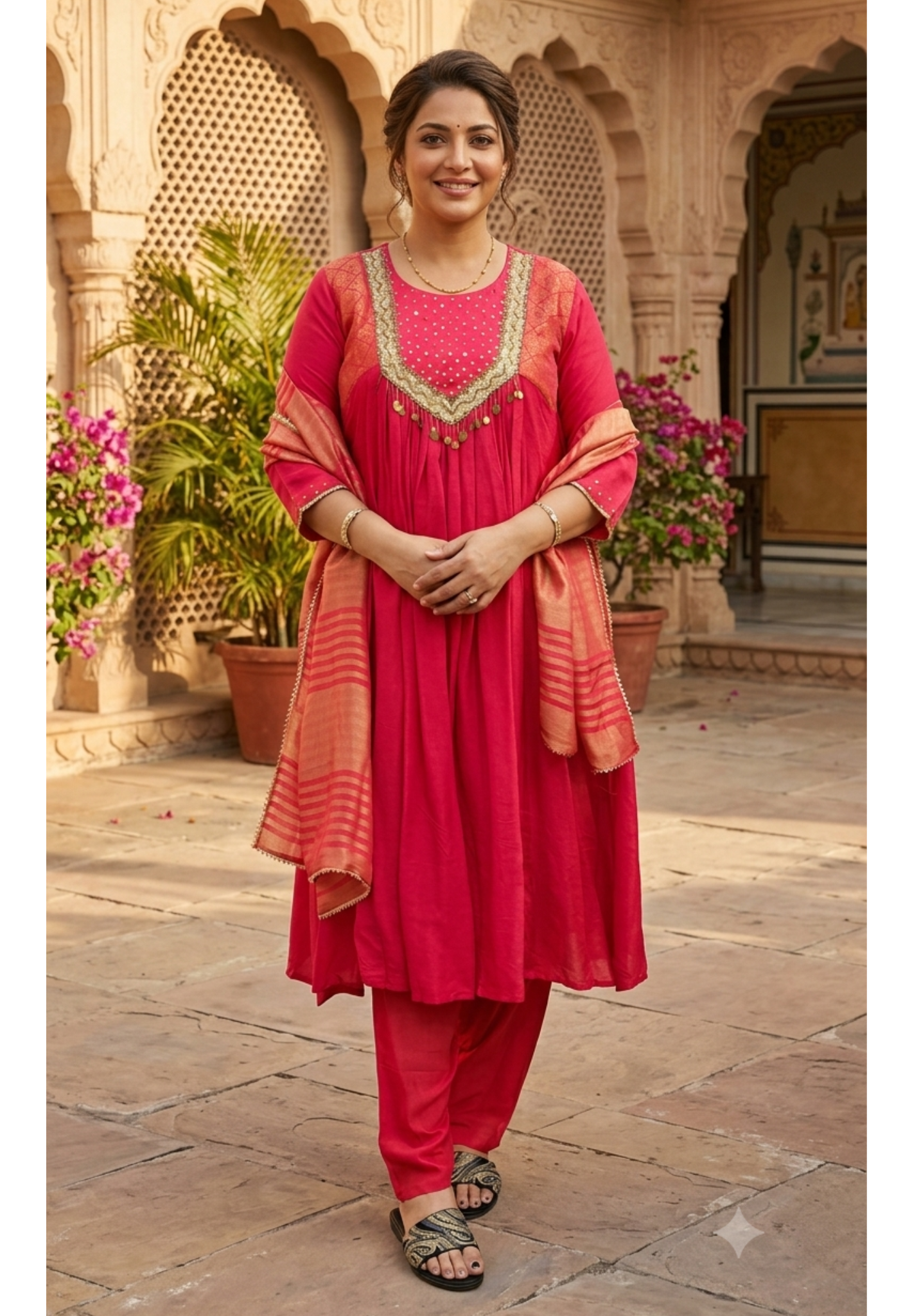 Golden Sequin Embellished Yoke Russian Silk A-Line Full Suit Set With Dupatta- 16123