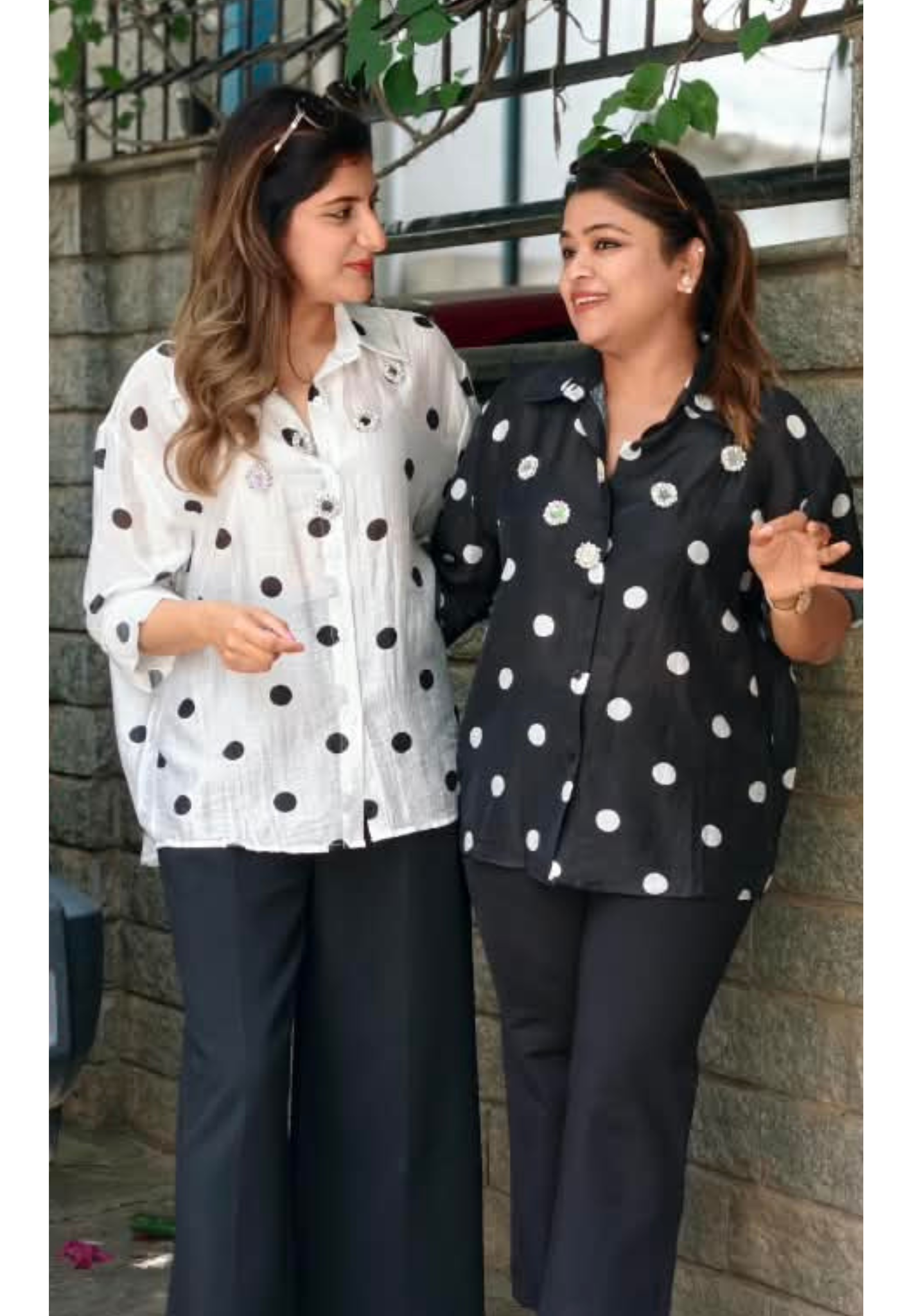 Cute Floral Beaded Stone Polka Prints Oversized Imported Western Shirt- 16189