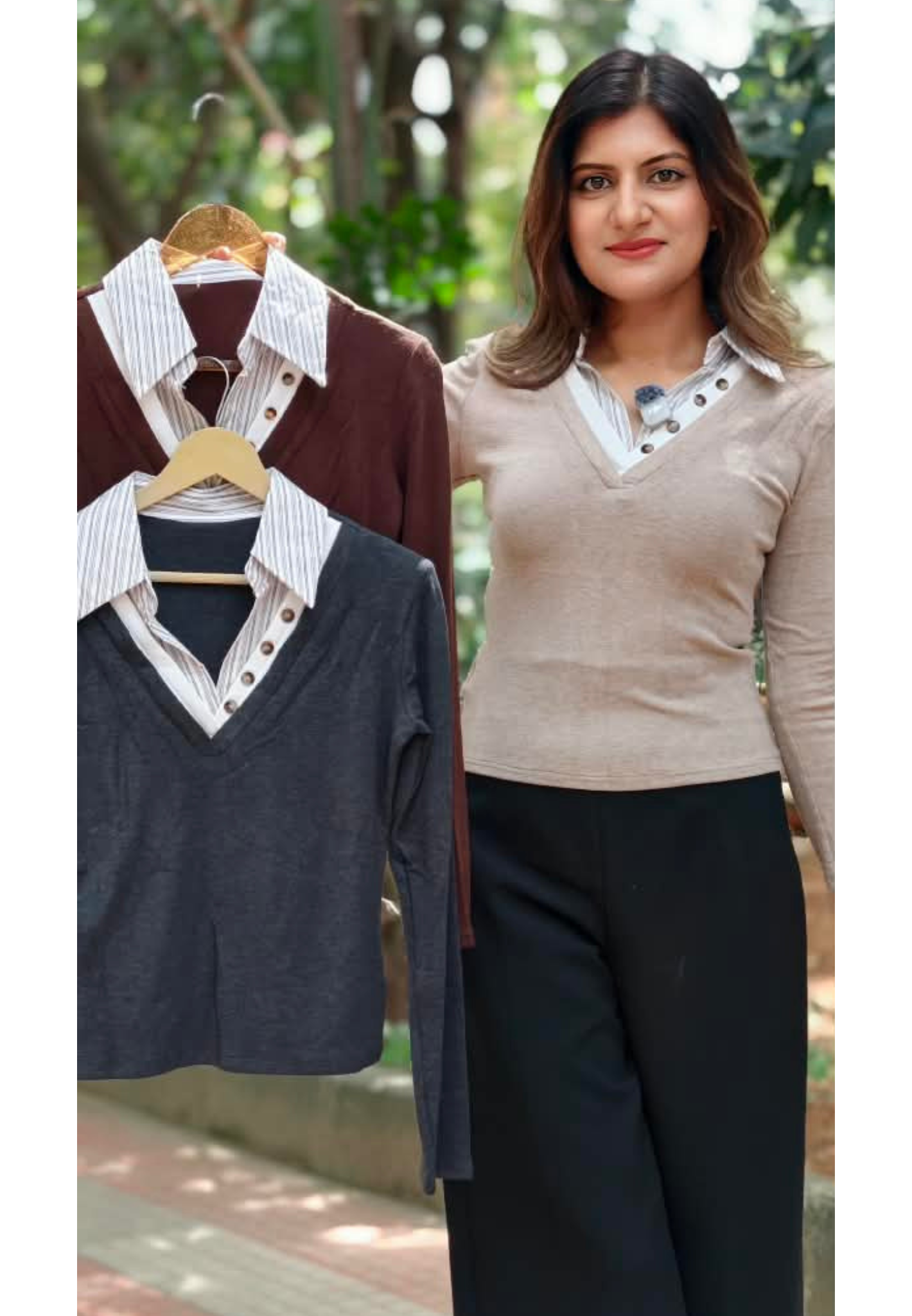 Stylish Button Accent Overlay Office Friendly Srtipe Look Western Imported Top- 16180