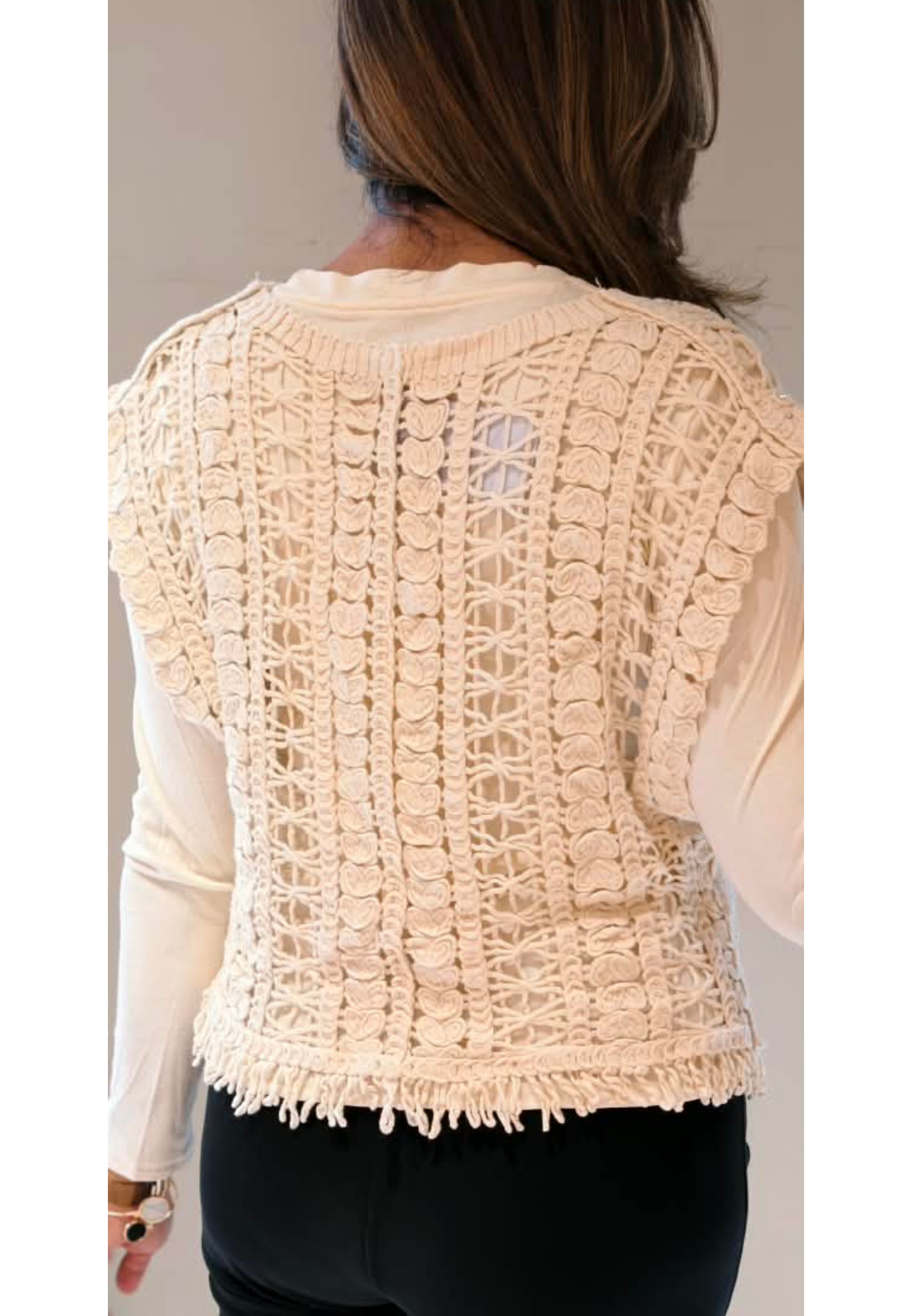 Off-White Crochet Knit V-Neck Sleeveless Vest Top with Sequin Detail and Fringe Hem- 16177