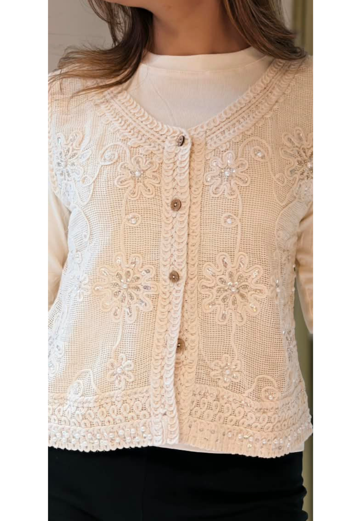 Off-White Floral Embroidered Button-Down Crochet Vest Top with Sequins and Pearl Accents- 16175