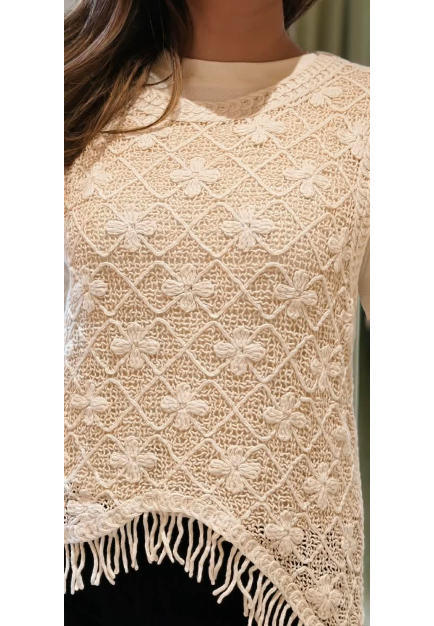 Off-White Lattice Floral Crochet Sleeveless Sweater Vest Top with Asymmetric Fringe Hem Top- 16175