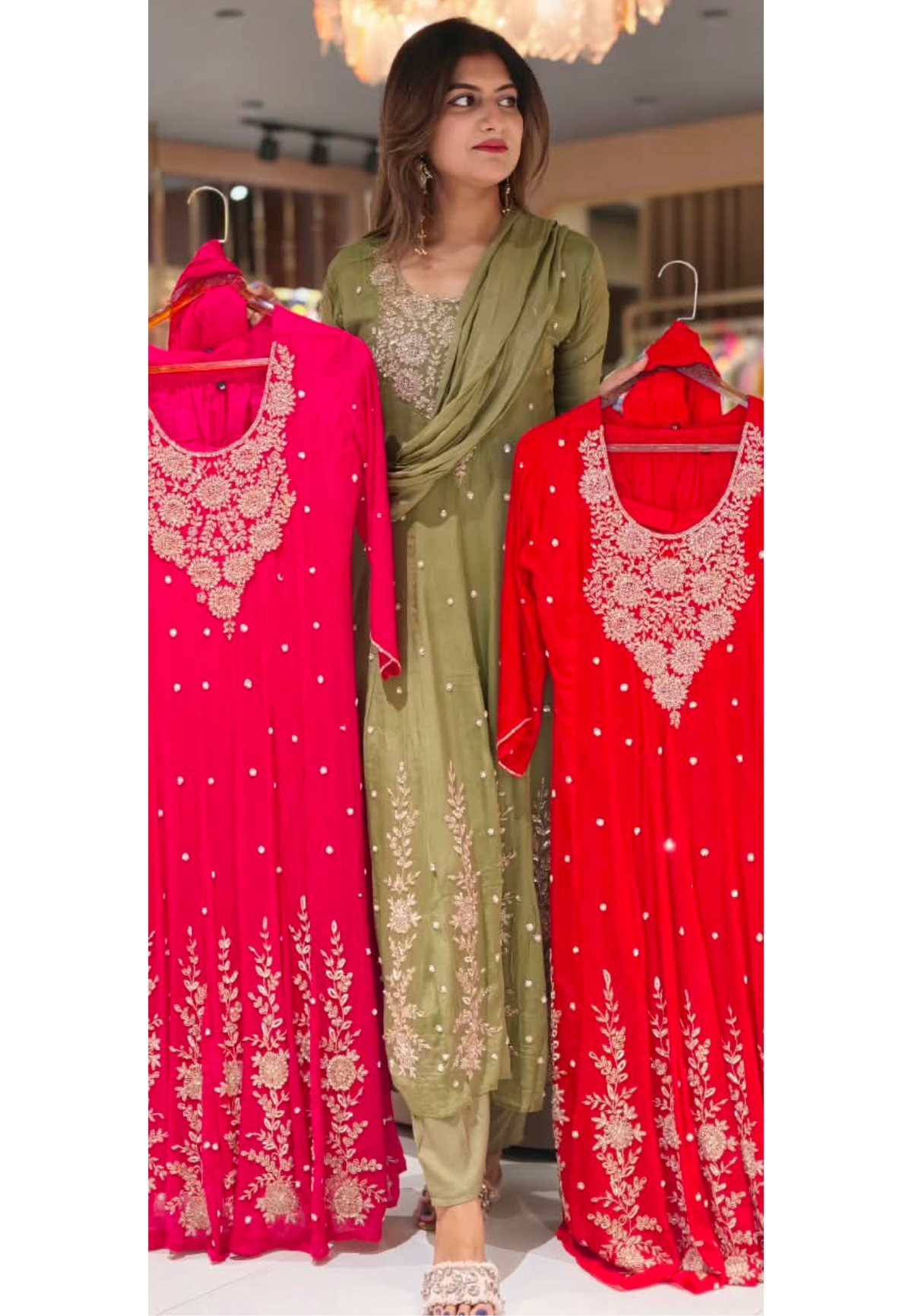 Heavy Zardozi Blend Embroidery Work Anarkali Suit Set with Pearl/Sequins Booti Work In Chinon Fabric- 16235