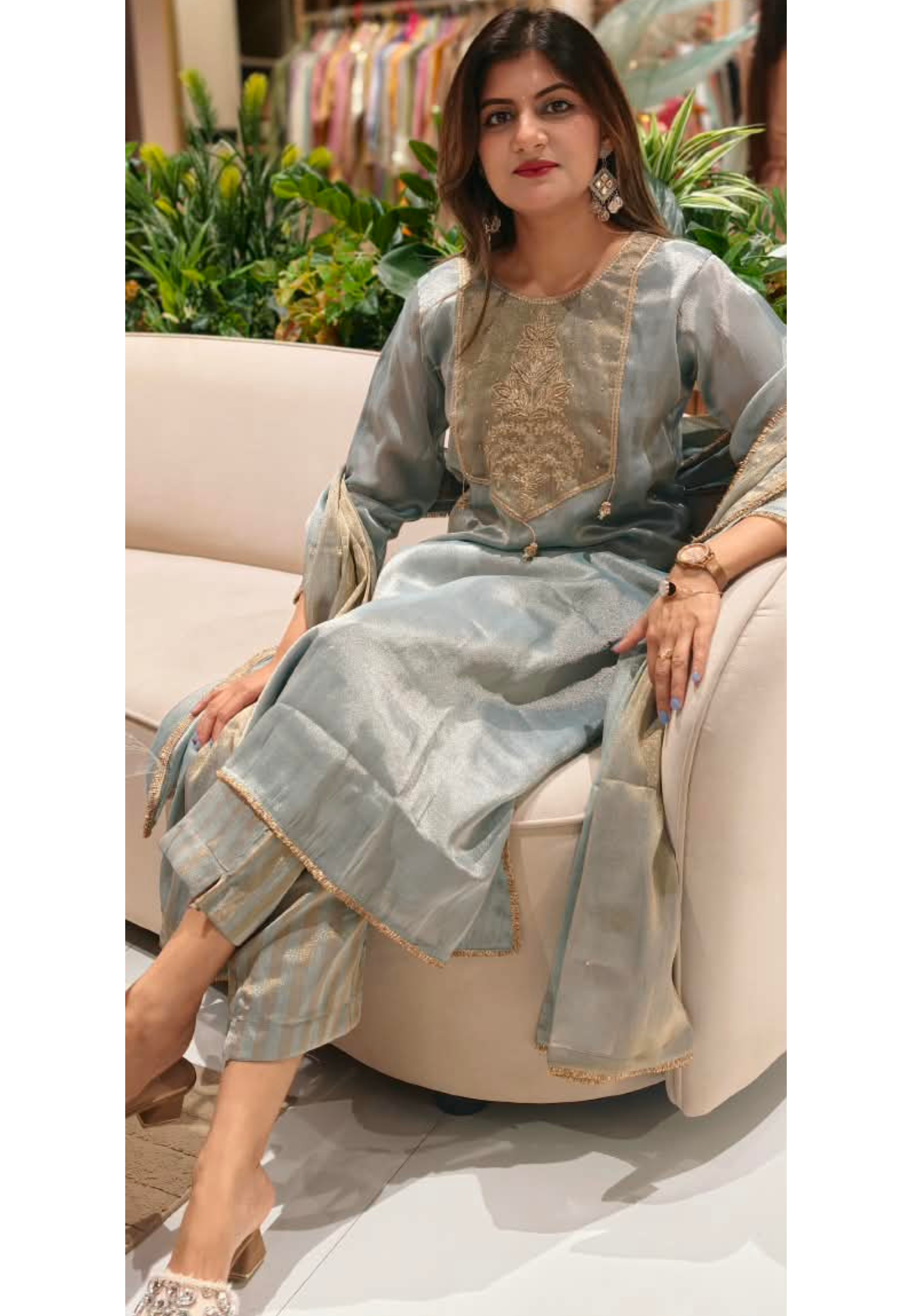 High End Tissue English Color Pallete Golden Highligted Embroidery Works A-Line Full Suit Set With Dupatta- 16070