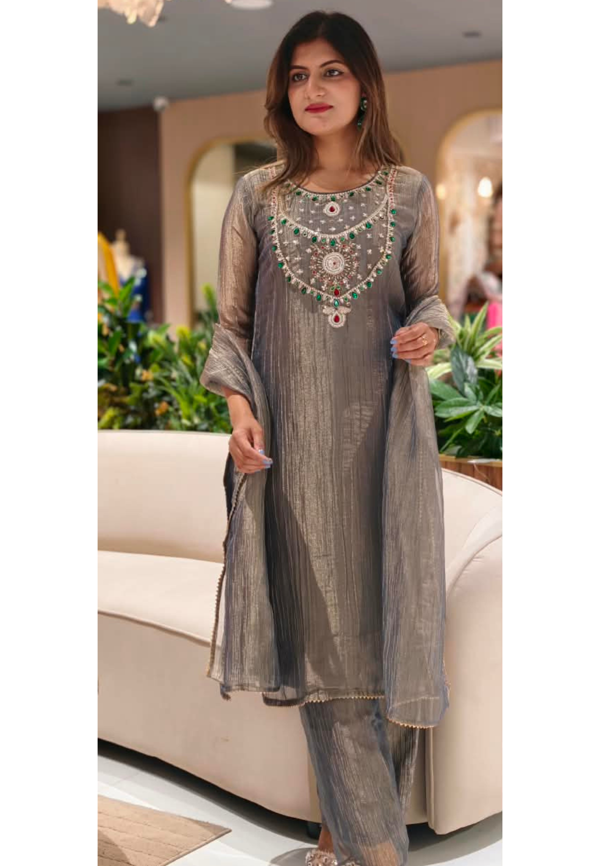 Very Elegant Premium Salsa Fabric Jewel Stone Fine Embroidery Statement Full Suit Set With Dupatta- 15286
