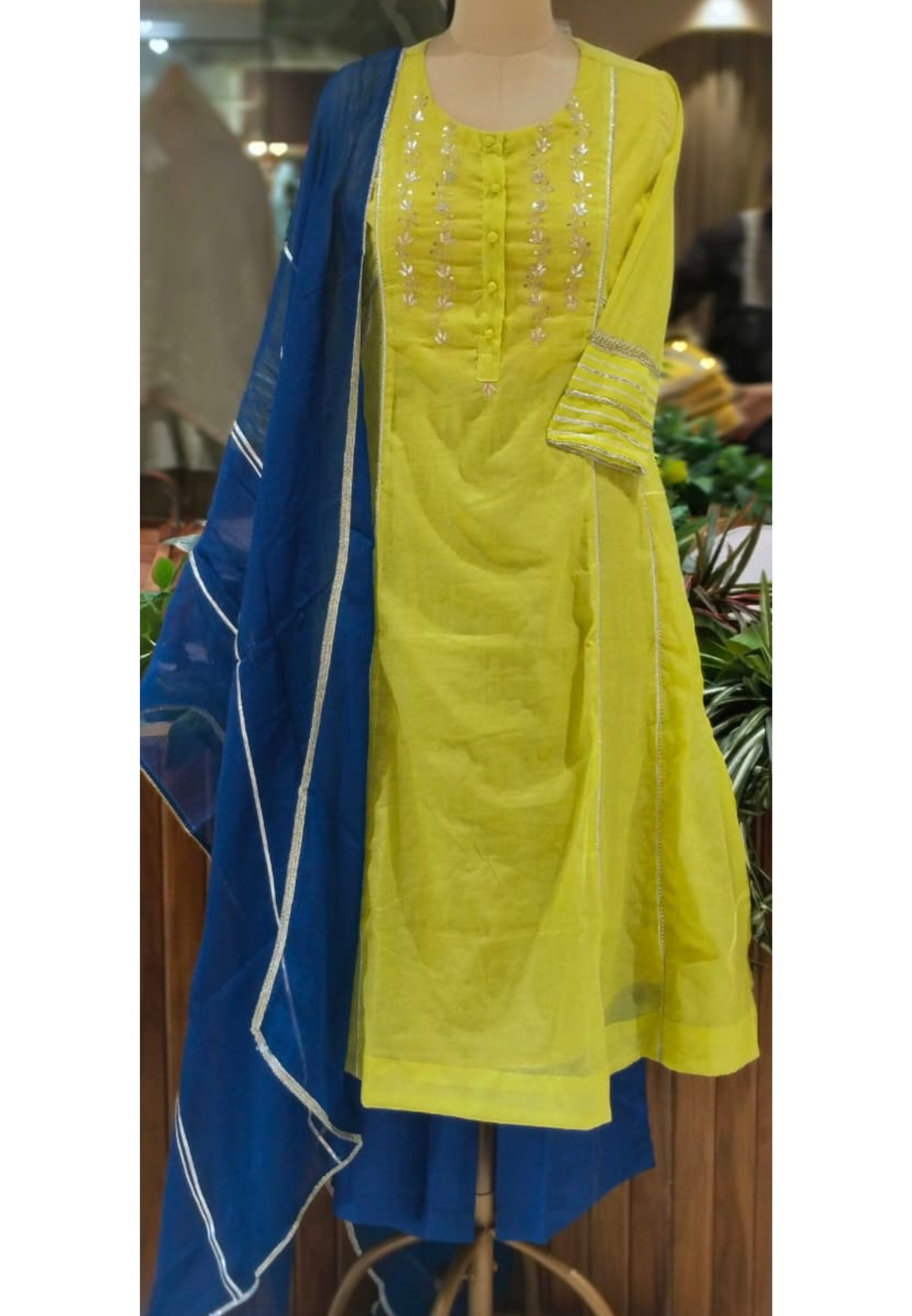 Twin Color Parrot Inspired Pure Chanderi A-Line Full Suit Set With Organza Dupatta- 16248