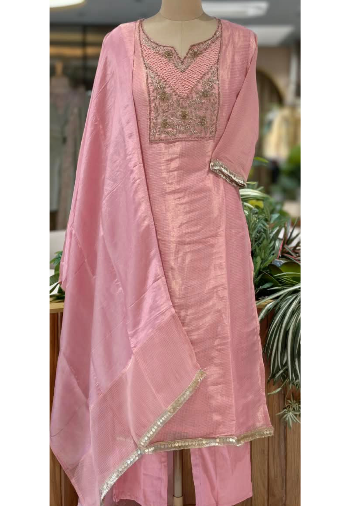 Blush Kota Tissue Checks Elegant Yoek Embroidery Staright Full Suit Set With Dupatta- 16244