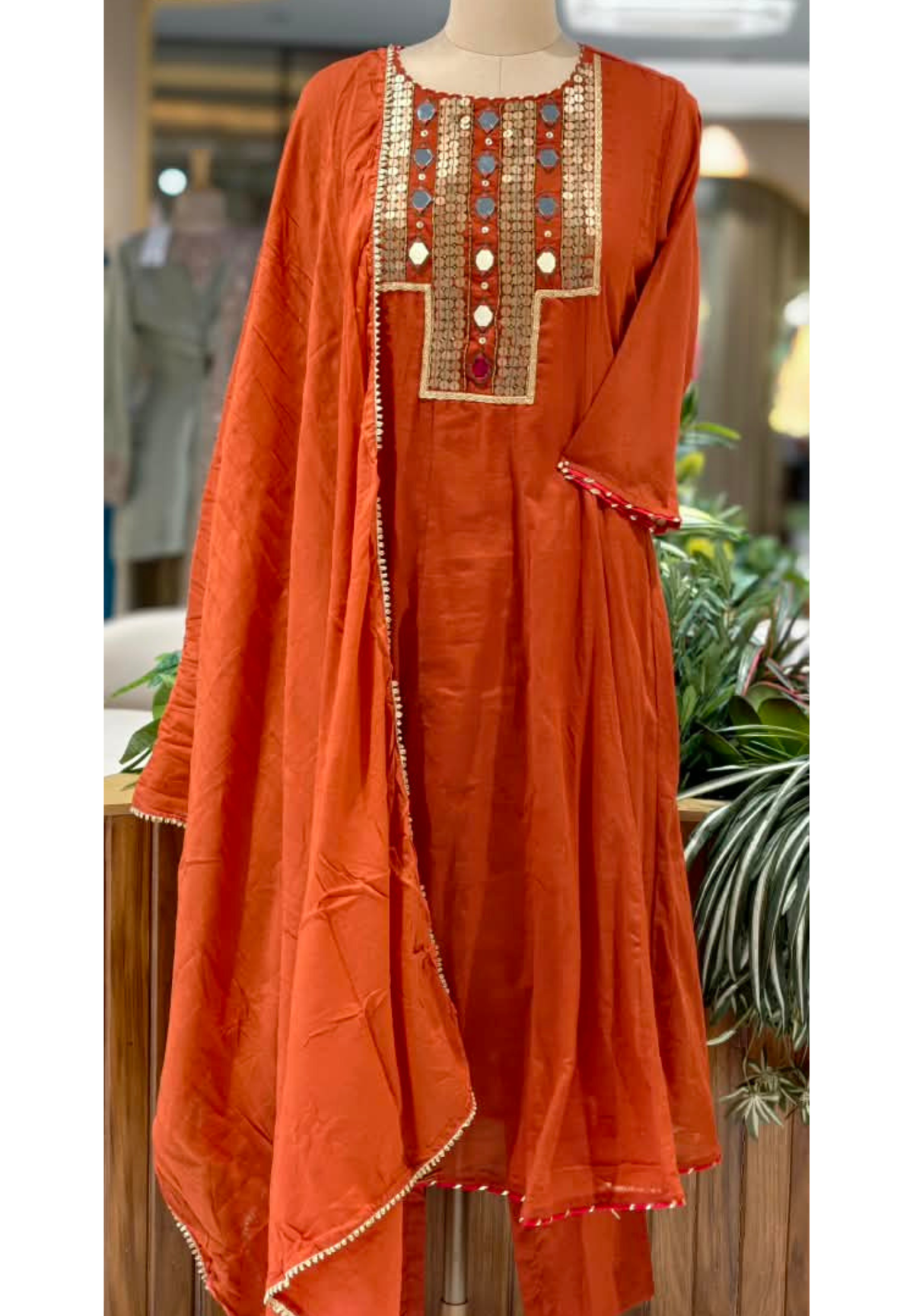 Real Mirror Boho Chic Boxed Yoke Panel Mul-Cotton Anarkali Full Suit Set With Dupatta- 16241