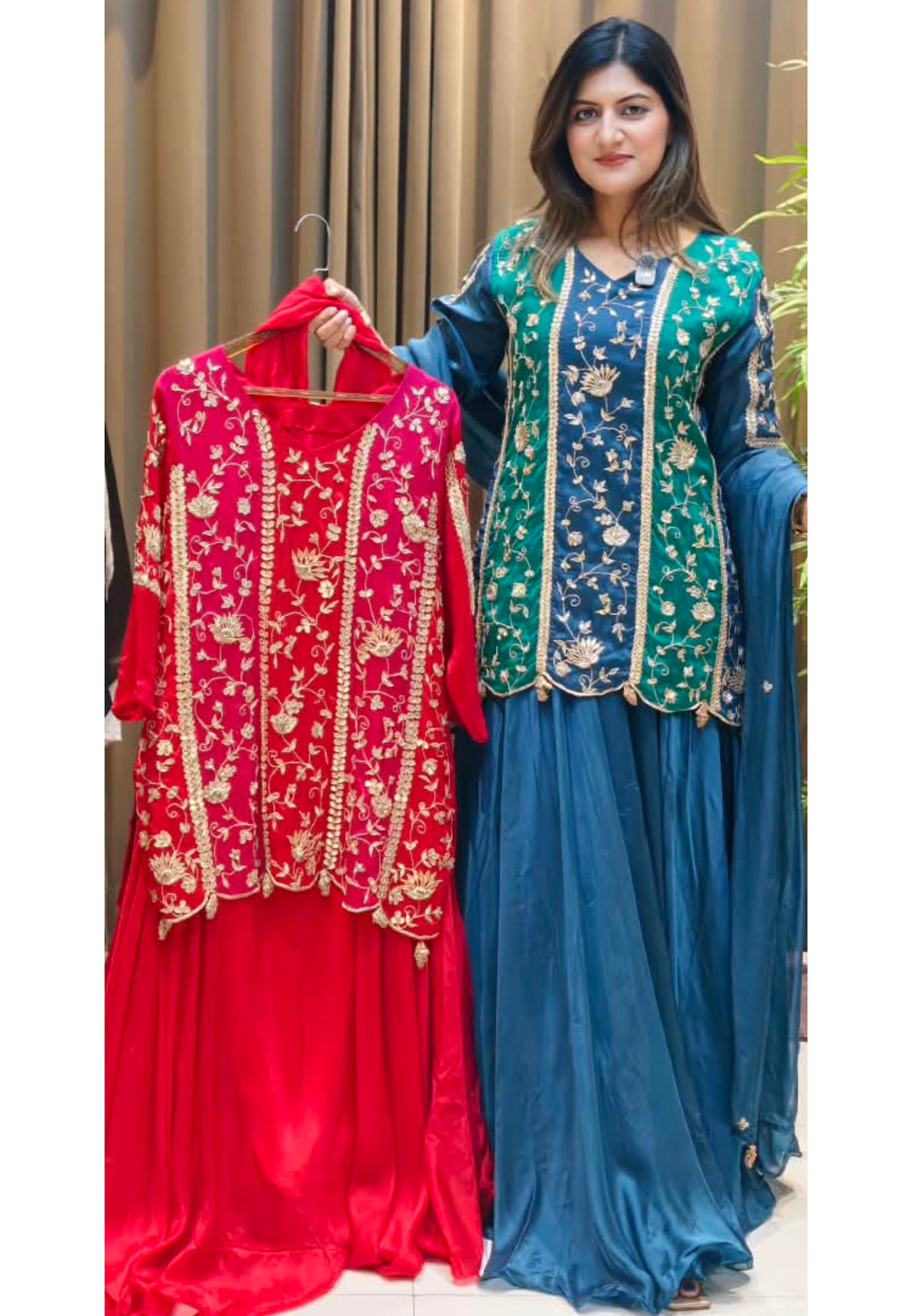 Royal Silk Embroidered Short Kurti with Flared Sharara and Matching Dupatta featuring Heavy Zardozi and Gota Patti Work- 16132