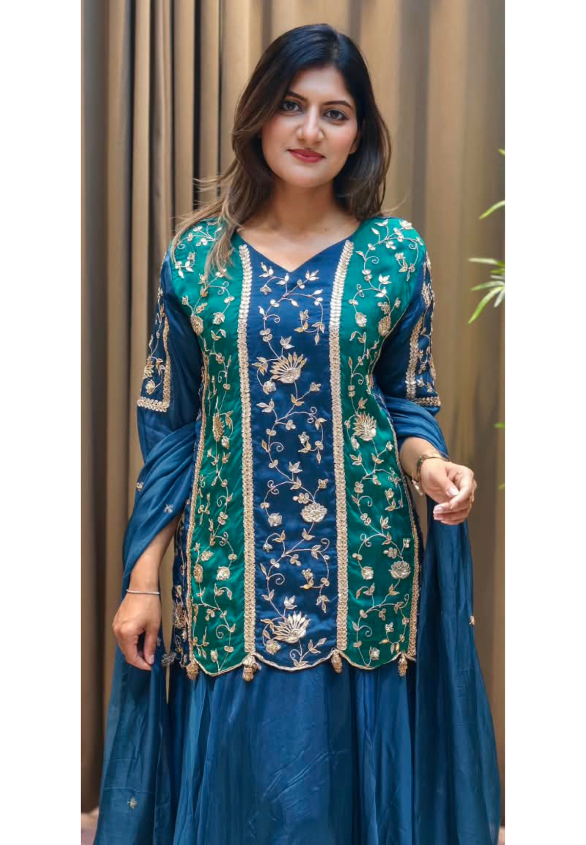 Royal Silk Embroidered Short Kurti with Flared Sharara and Matching Dupatta featuring Heavy Zardozi and Gota Patti Work- 16132