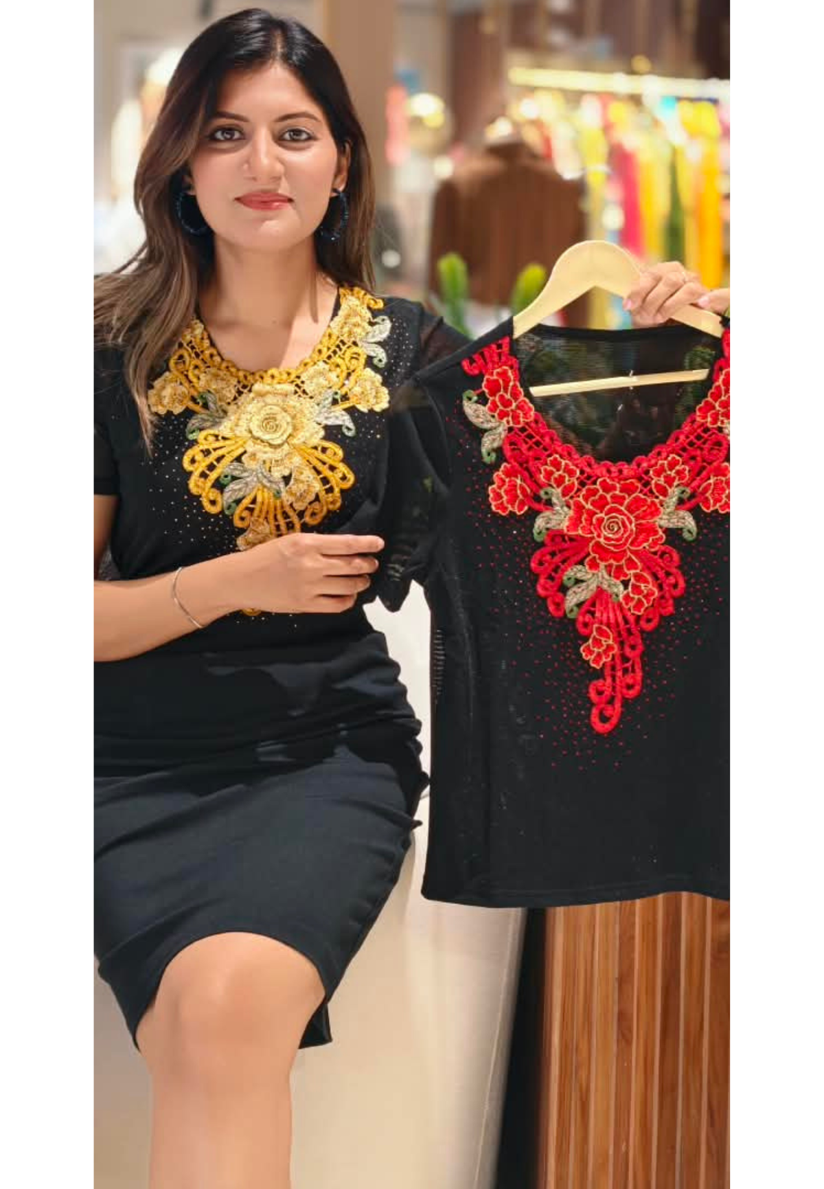 Red & Mustard Floral Appliqué Neckline Rhinestone Embellished Short Sleeve Top- 16198