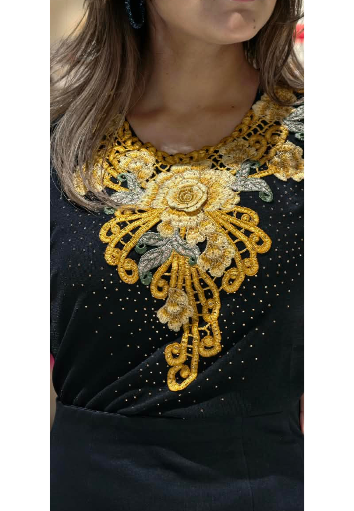 Red & Mustard Floral Appliqué Neckline Rhinestone Embellished Short Sleeve Top- 16198