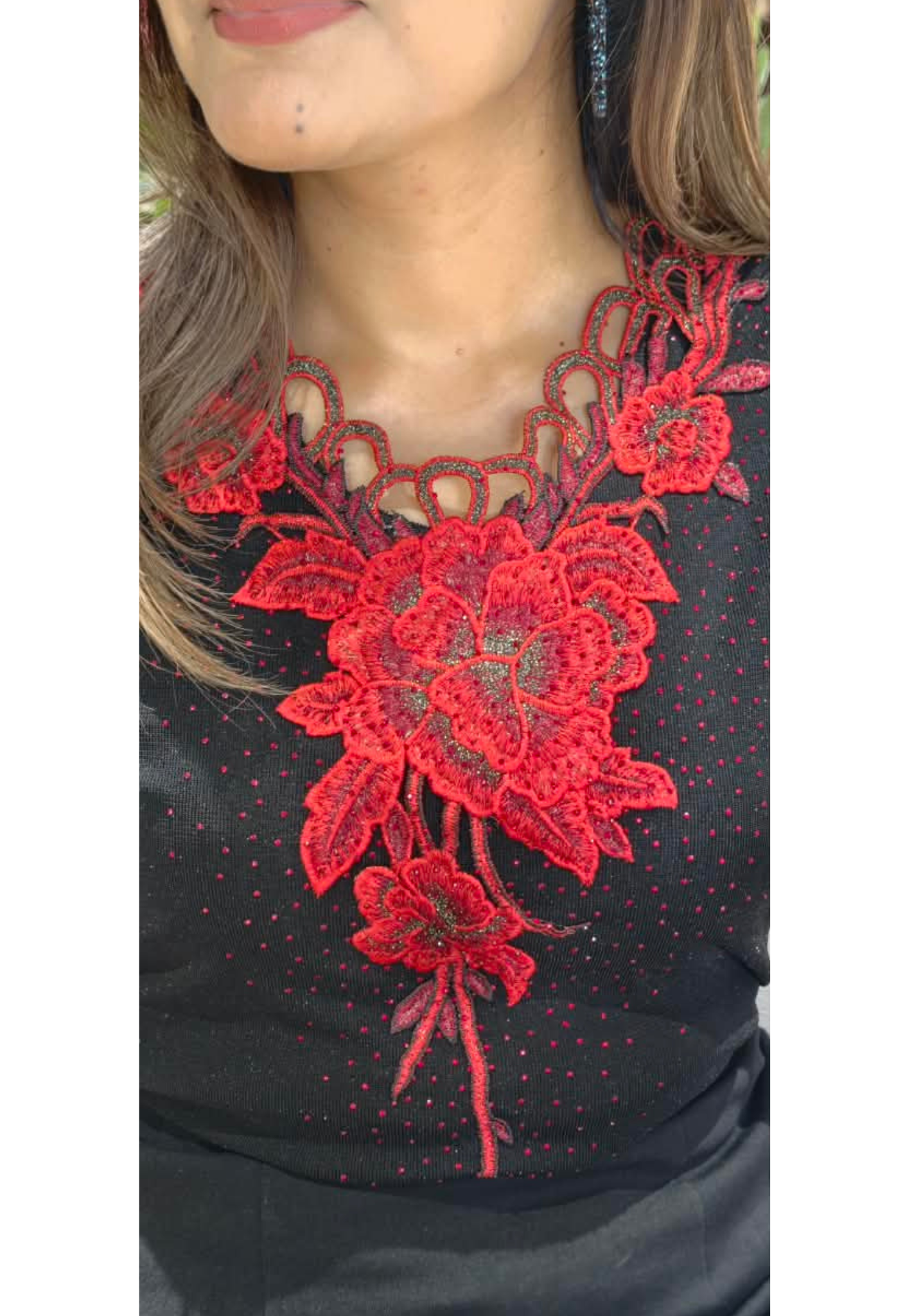 Floral Embroidered Lace Yoke Rhinestone Studded Mesh Top- 16198