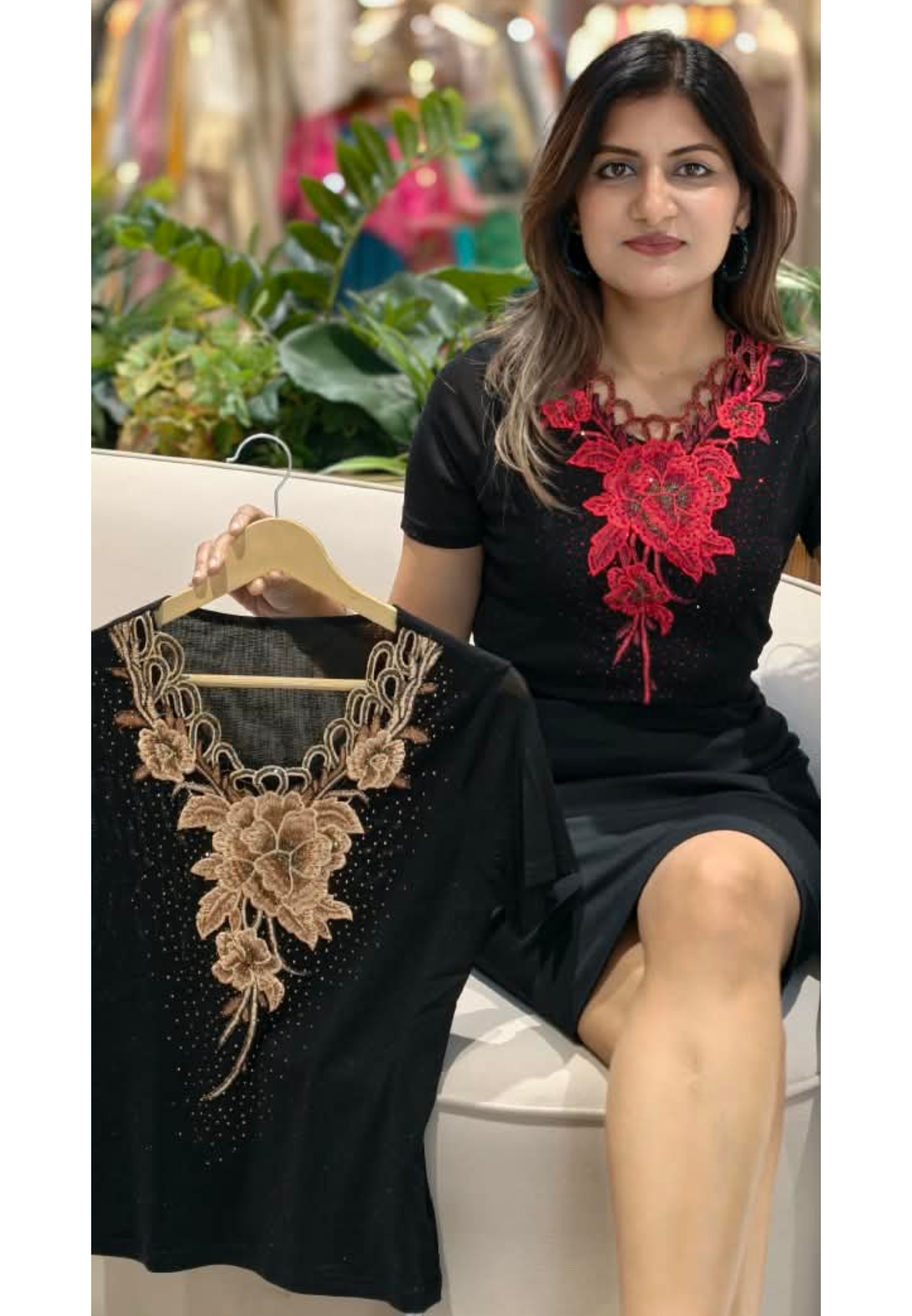 Floral Embroidered Lace Yoke Rhinestone Studded Mesh Top- 16198