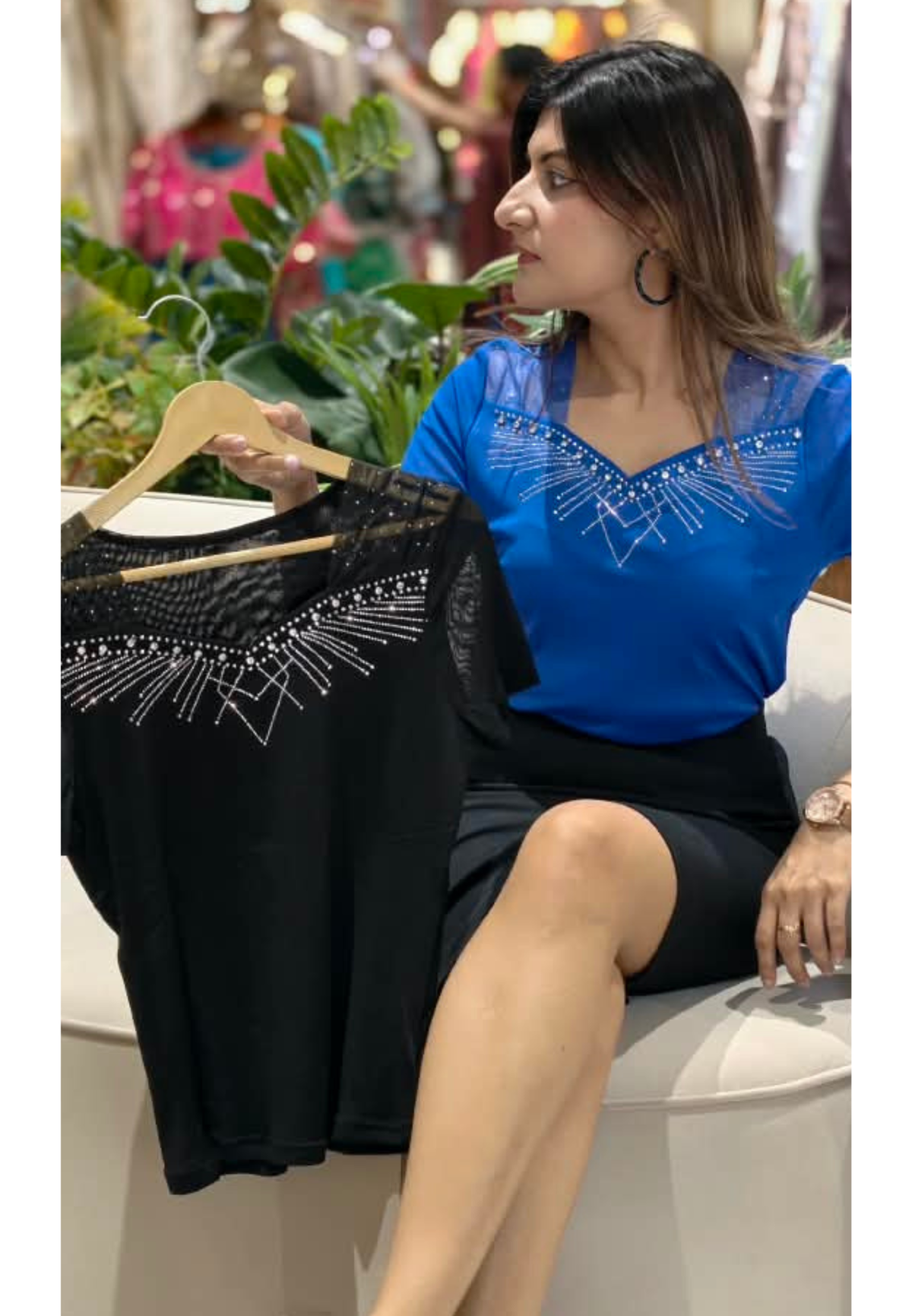 Royal Blue & Black Sweetheart Mesh Yoke Crystal Starburst Embellished Short Sleeve Top- 16166