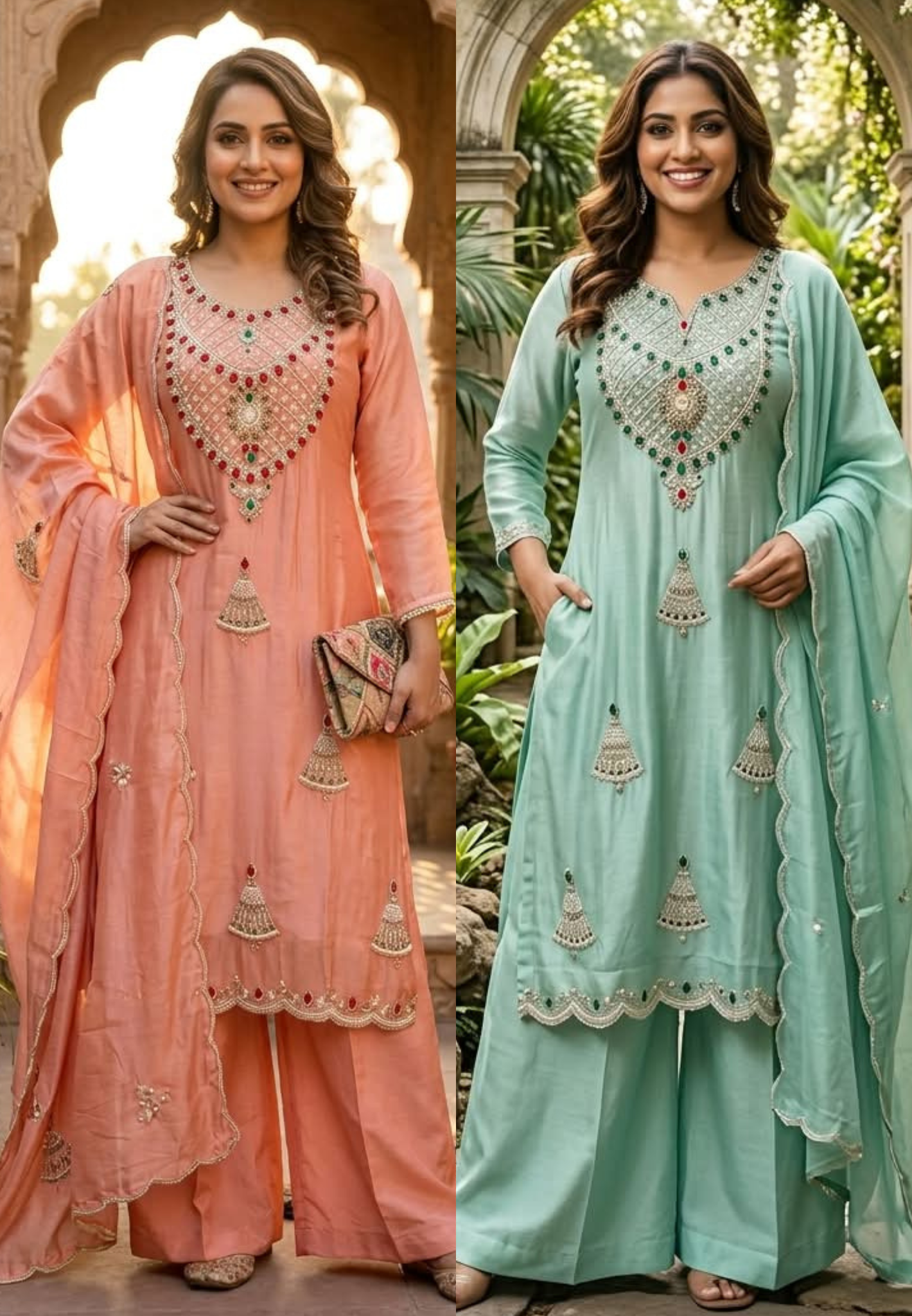 Red Gym Stone Jewel Elegance Elegant Handwork Tissue Full Suit Set With Loose Bottom & Dupatta- 16269
