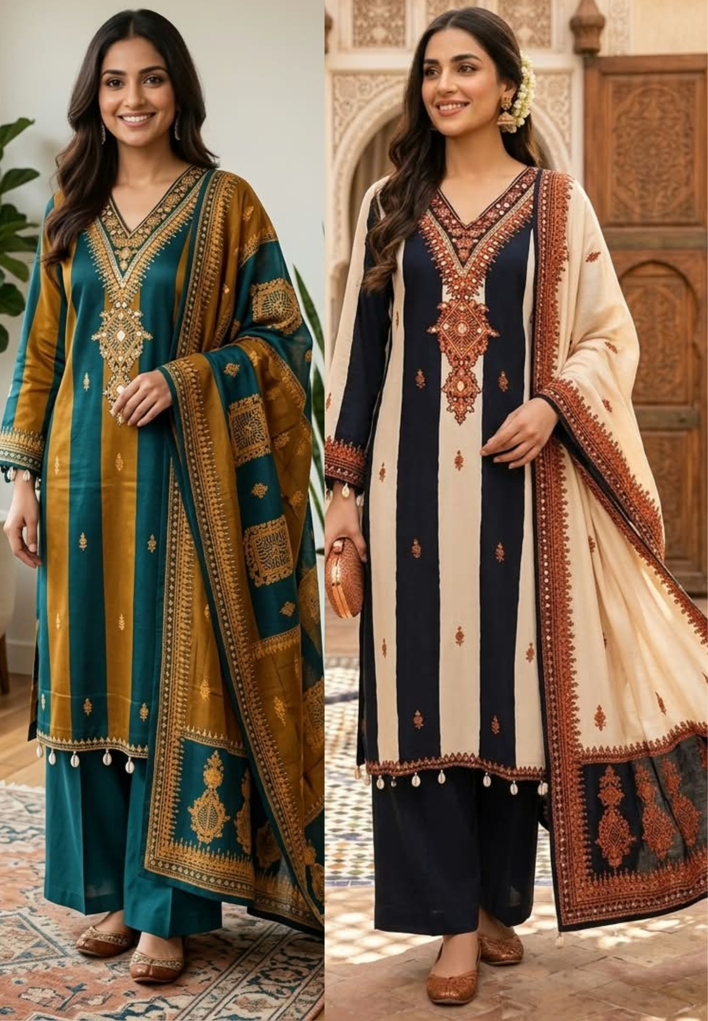 Pakistani Style Striped Elegance Dual Color Combination Crepe Full Suit Set With Dupatta- 16272