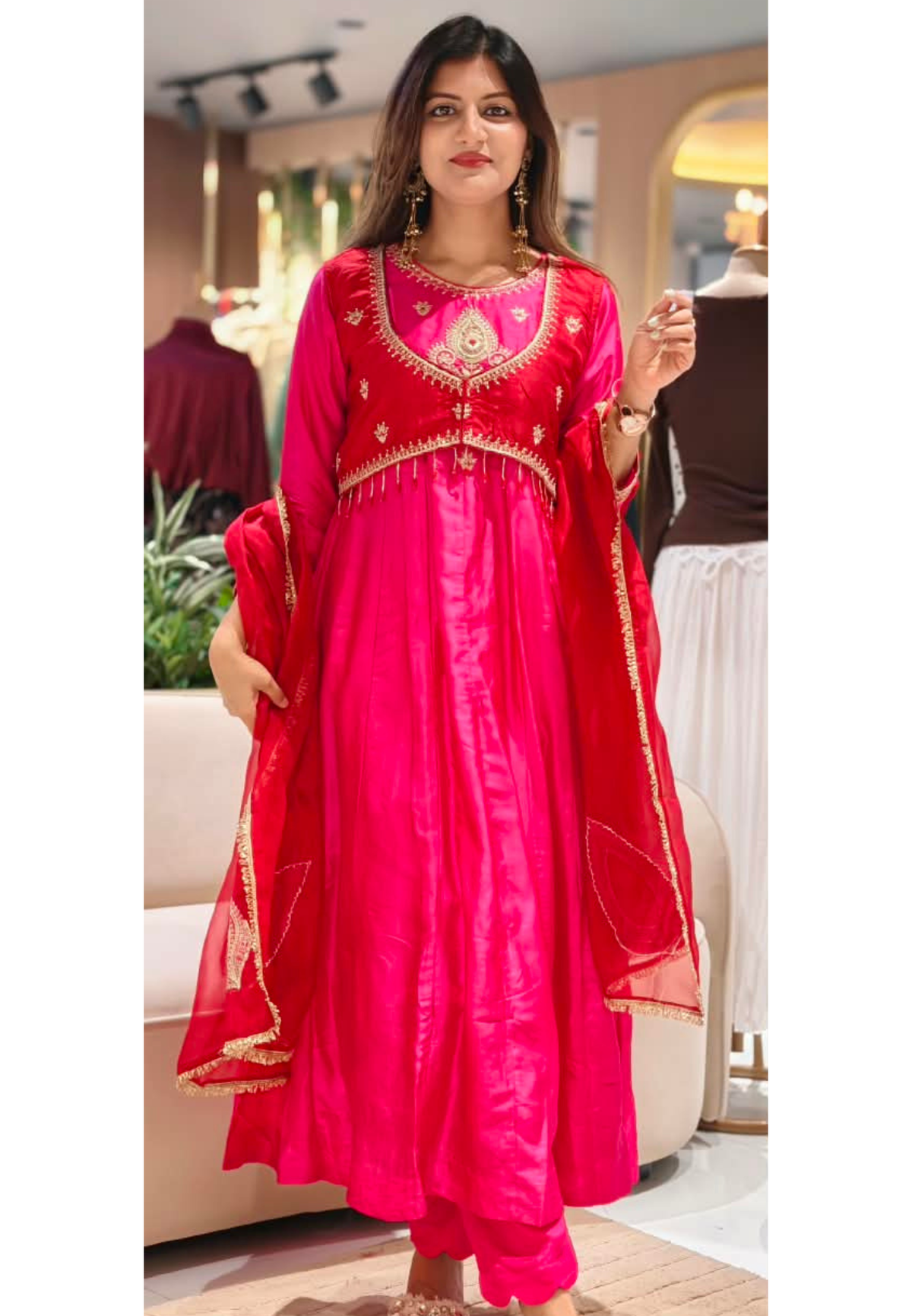 Premium Designer Look Vibrant Tone Waist-Coat Style Zardosi Embroidered Russian Silk Anarkali Full Suit Set With Dupatta- 16308
