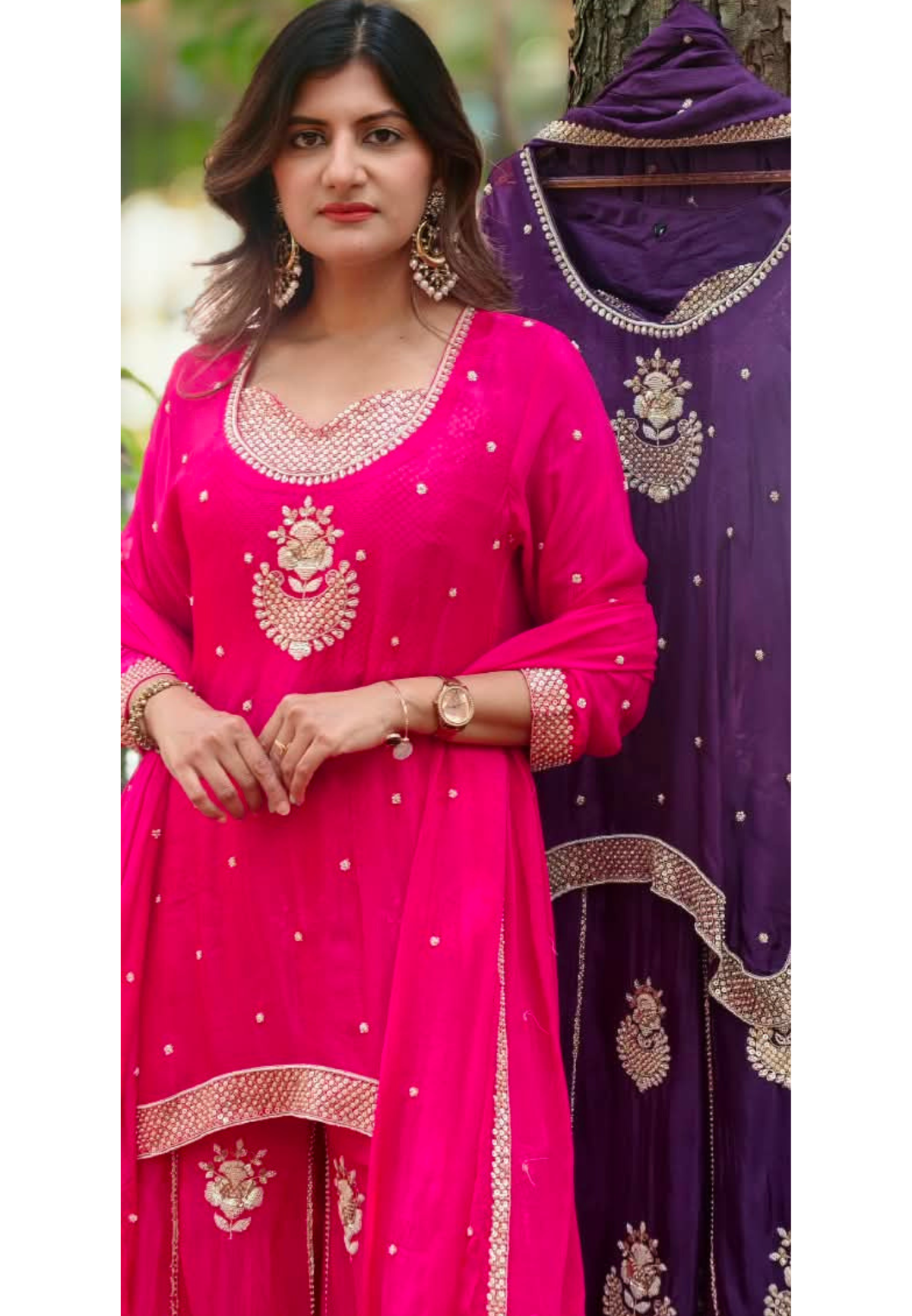 Rani Pink & Deep Purple Handcrafted Sequins Embroidered Kurti Palazzo Full Suit Set With Matching Dupatta- 16319