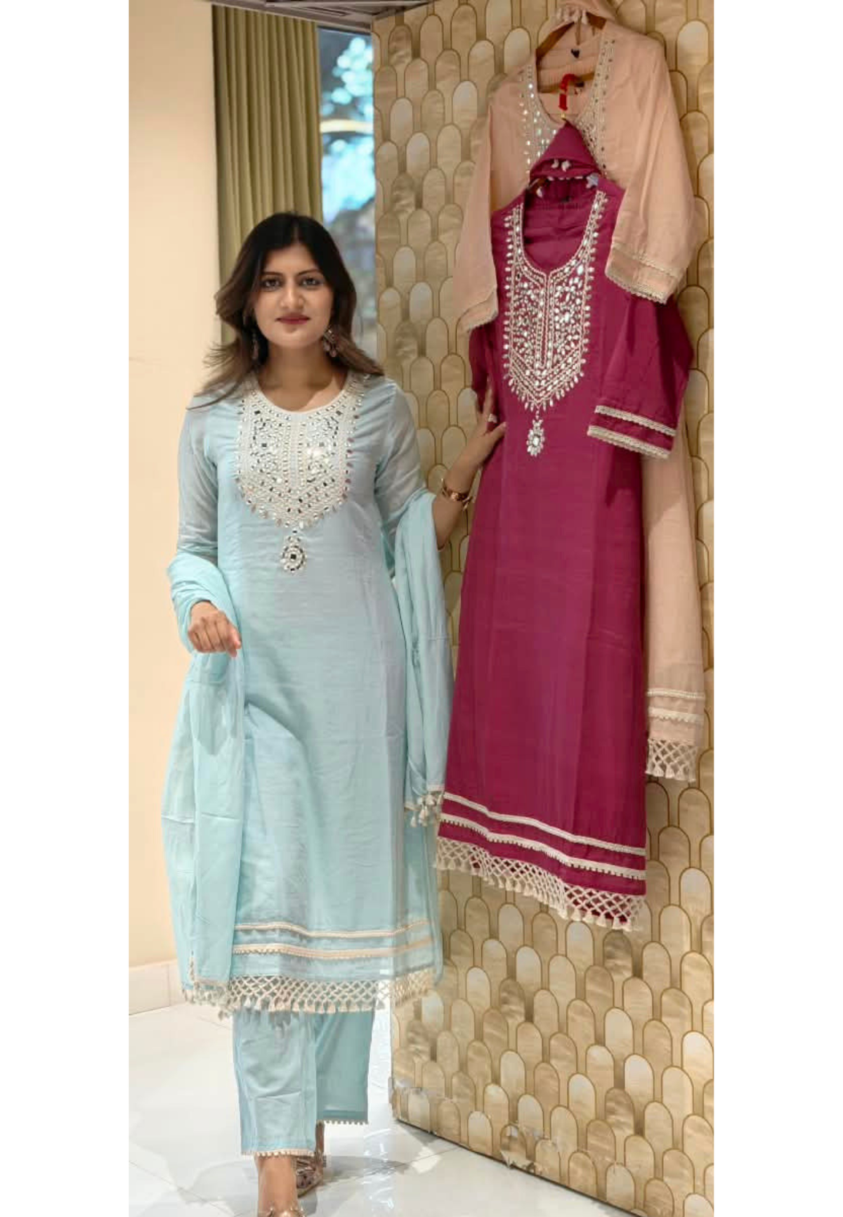 Lean Fit Handcrafted Mirror Work Yoke Full Suit Set with Sheer Scalloped Fringe Borders & Dupatta In Mul-Cotton Fabric- 16315