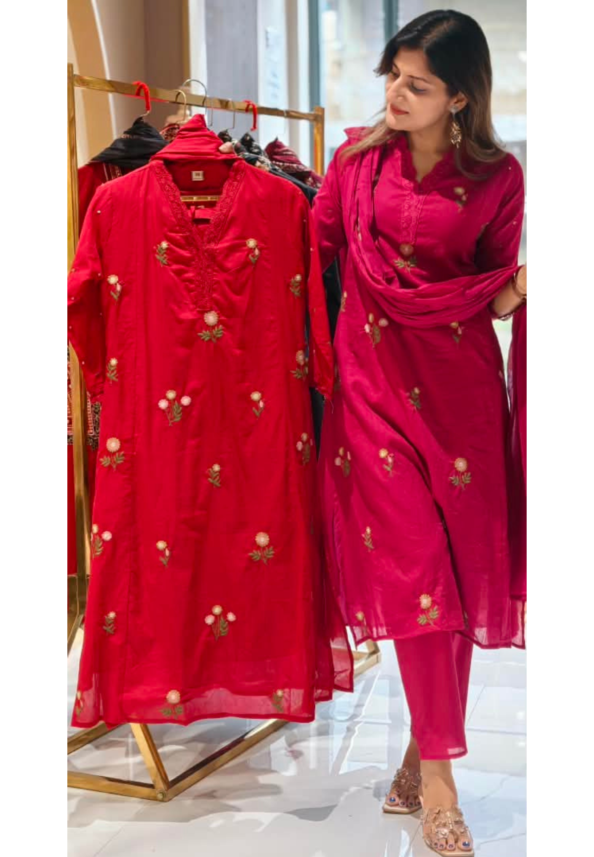 Lace Trimmed Neckline Tiny Floral Embroidery Sili Cotton Full Suit Set With Dupatta- 16317