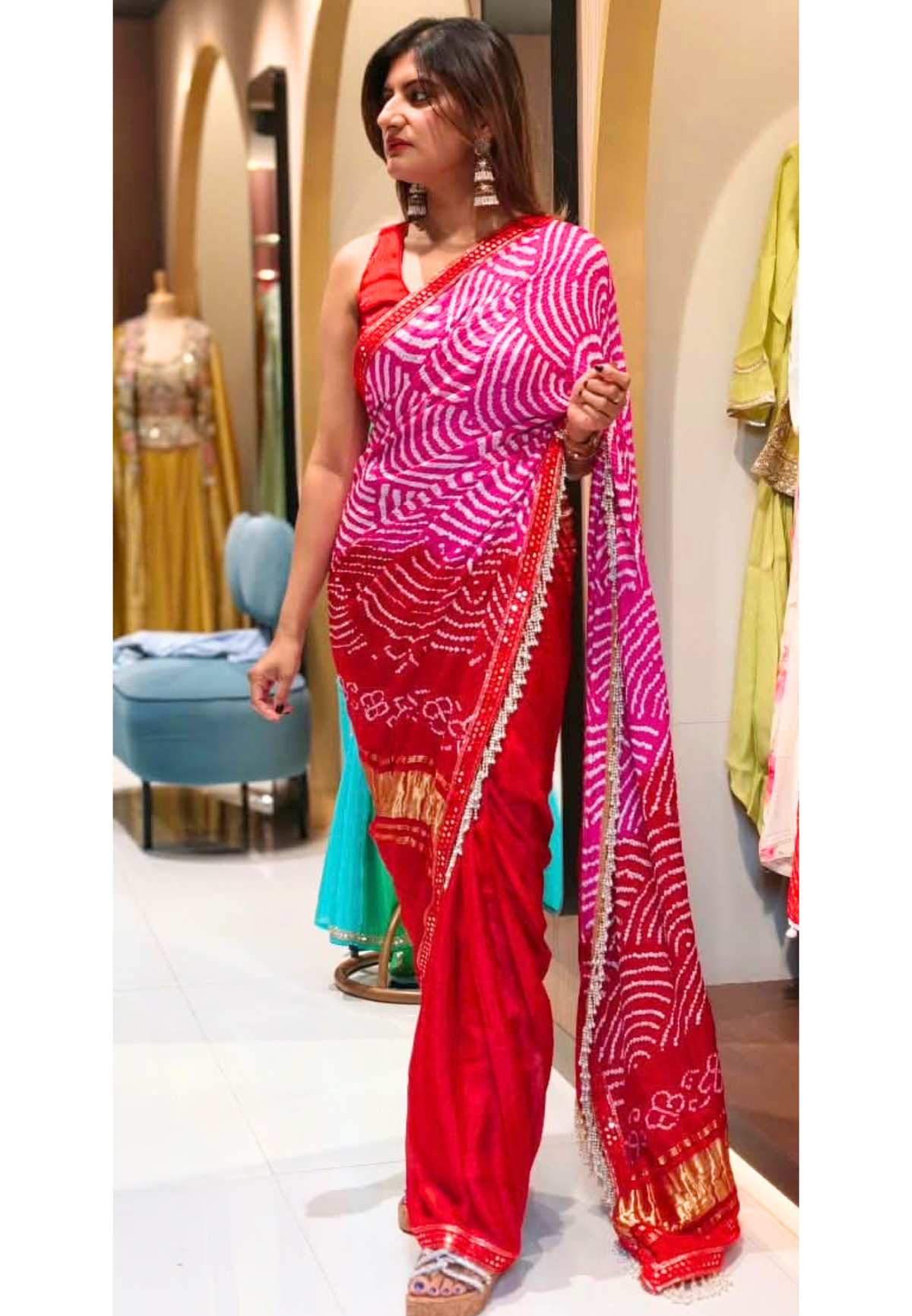 Hot Red Back Bow Style Pure Organza Stitched Blouse With Bandhej Printed Saree With Pearl Accented Tassel Bordered- 15083