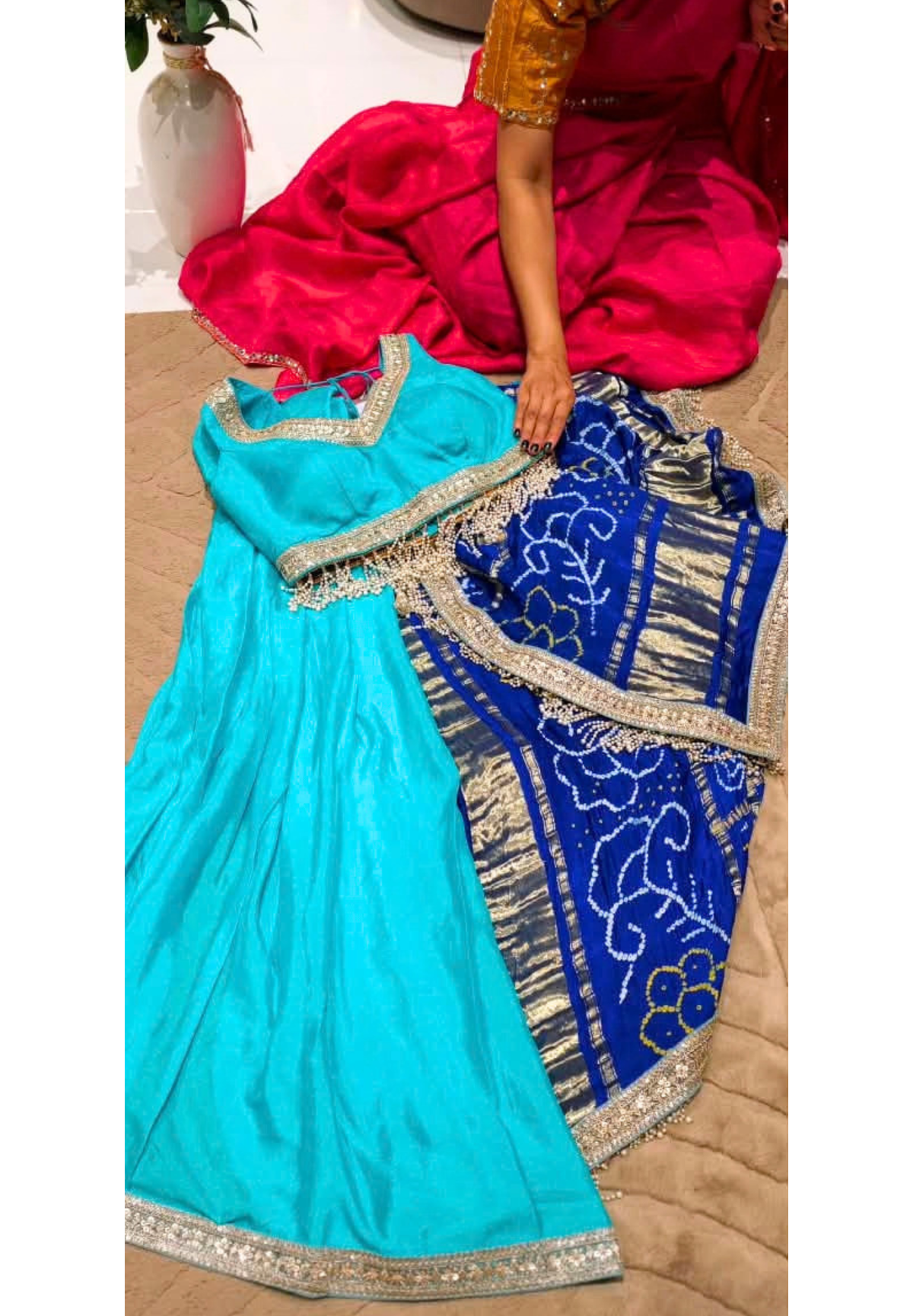 Zardosi Bordered Sleeveless Stitched Blouse With Bandhej Elegance Saree In Golden Touch & Heavy Pearl Dangles- 15084(Separate Sleeve)