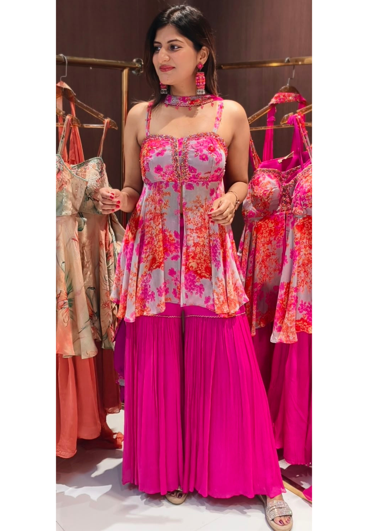 Fuchsia Hot Pink Floral Bustier Peplum Kurti & Pleated Sharara Set with Matching Neck Band Chowker Dupatta- 12758