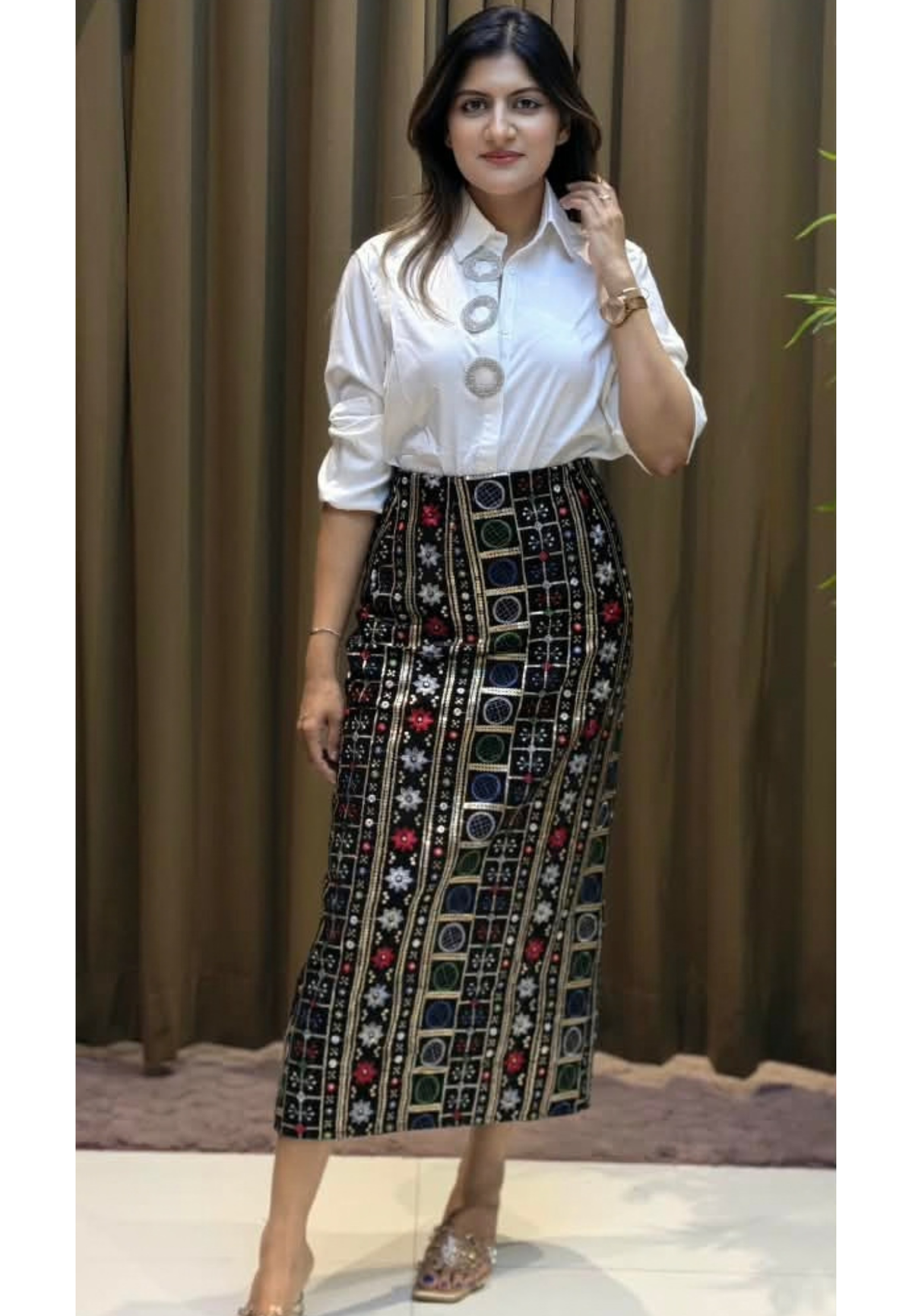 Collared Long Sleeve Button-Up Shirt with Embellished Ring Button Placket- 16182