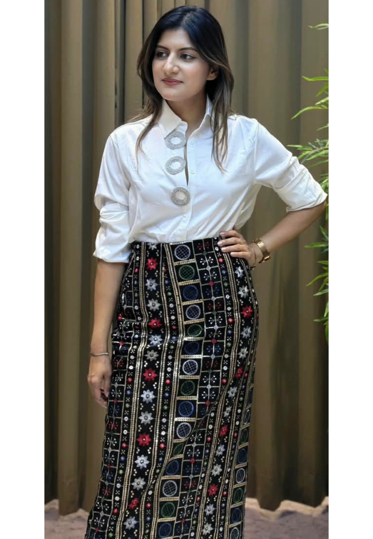 Collared Long Sleeve Button-Up Shirt with Embellished Ring Button Placket- 16182