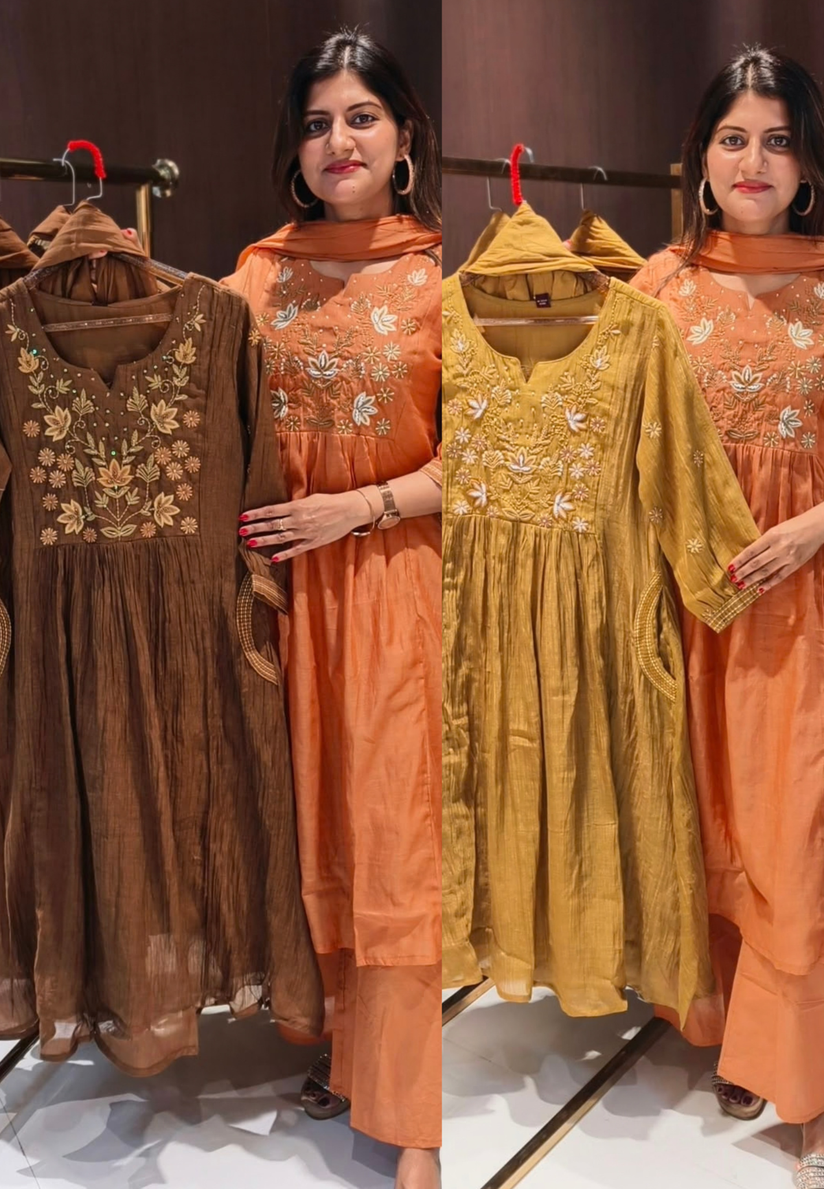 Delicate Leaf Vine Thread Embroidery Yoke Surat Mul-Chanderi A-Line Side Pockets Full Suit Set With Dupatta- 16494